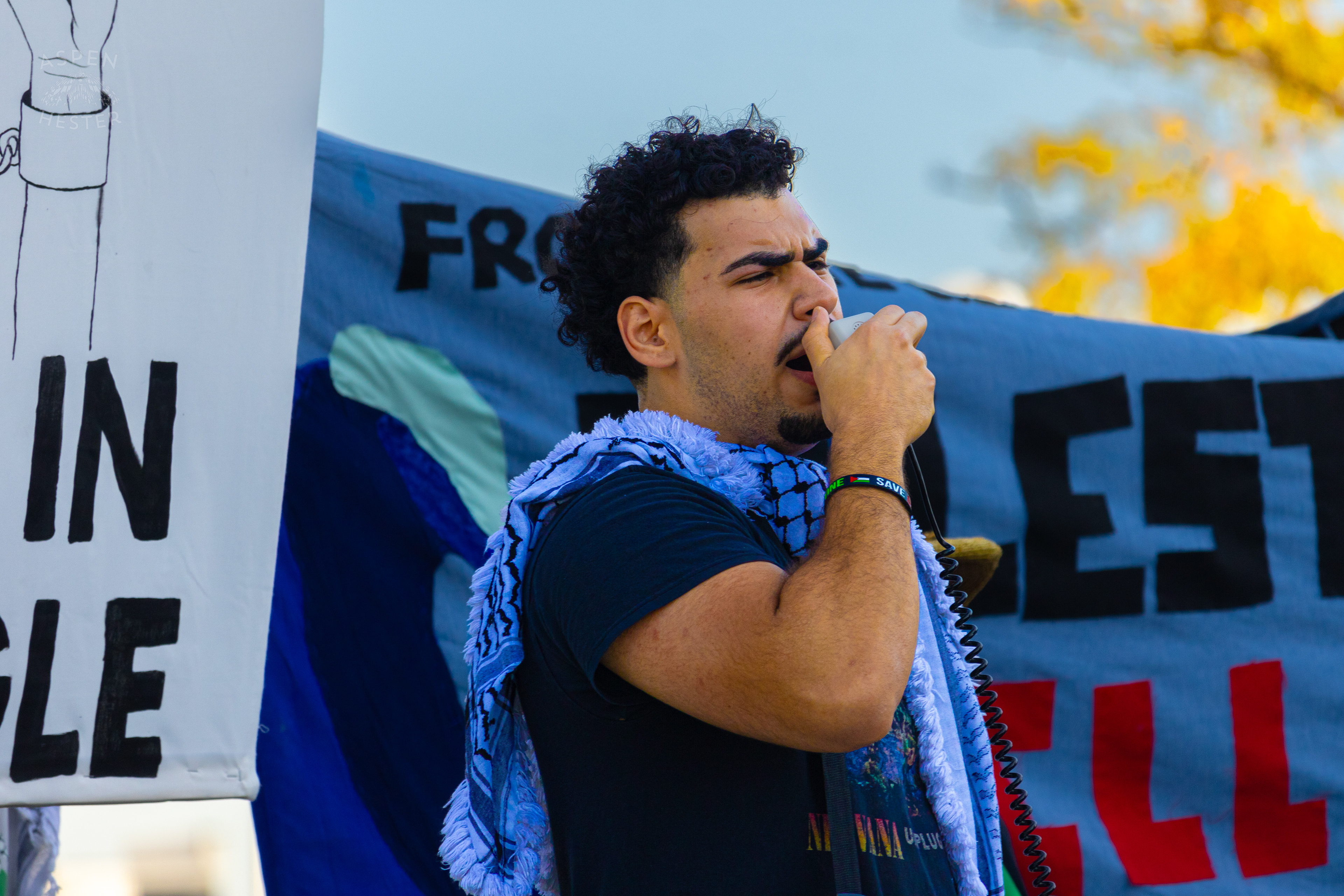 Protesters Standing Strong and Demanding Divestment and Peace During Lousiville’s One Year of Gaza Genocide Rally. October 5th, 2024/Aspen Hester 