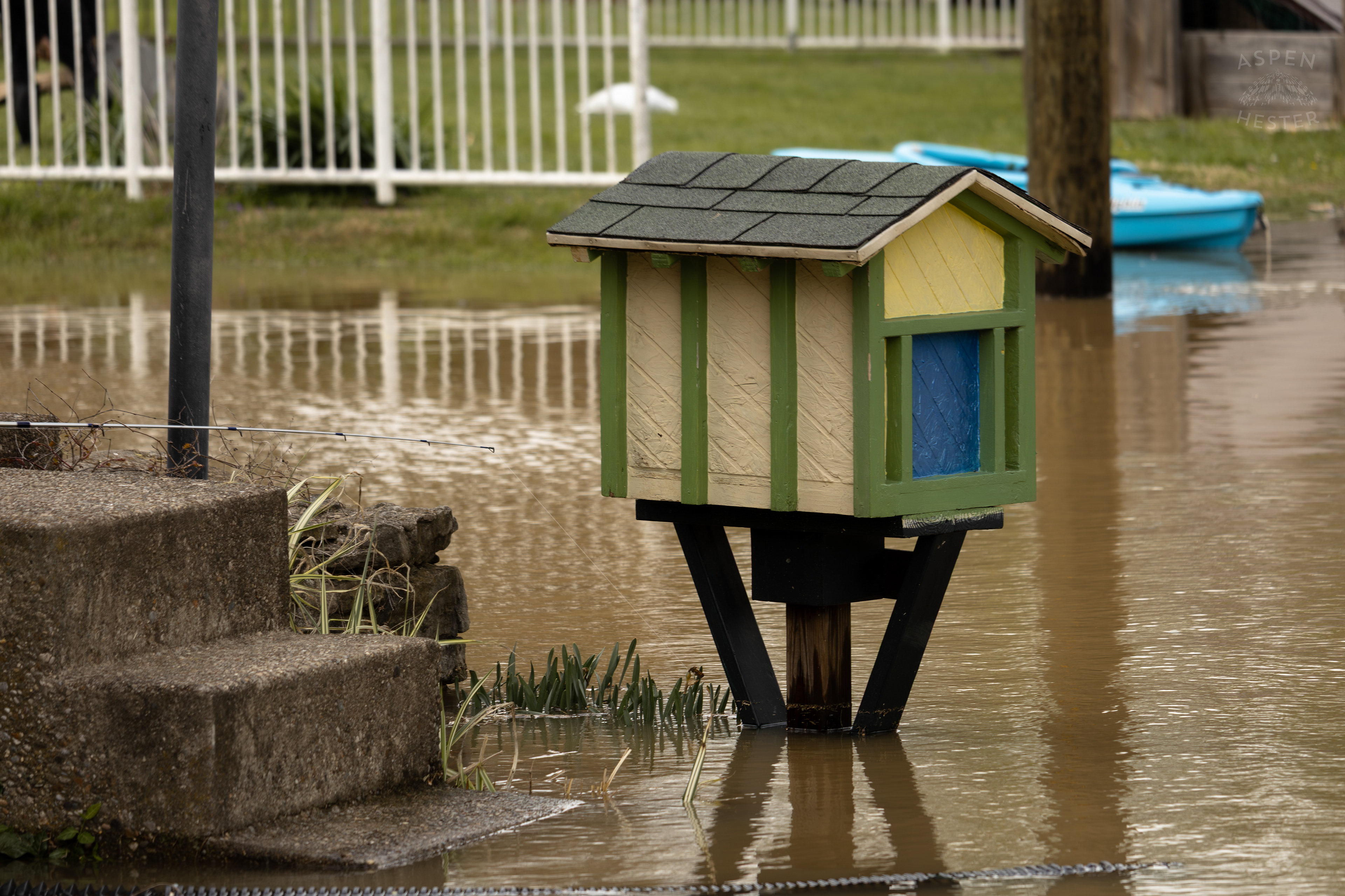 Water Almost Reaches A Tiny Library on Mulberry Street Amid The Historic Flooding in Utica Indiana. April 9th, 2025/Aspen Hester