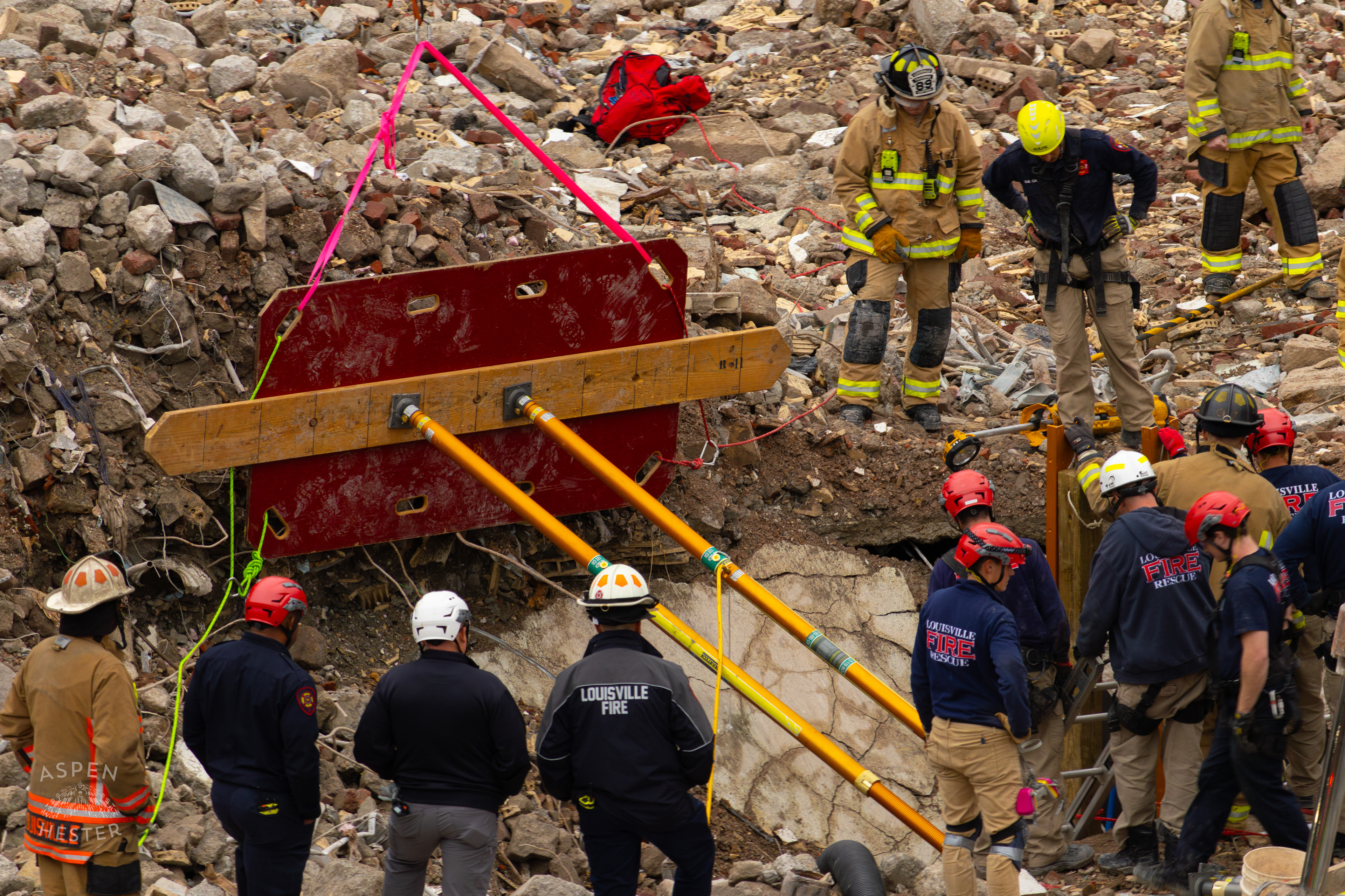 Massive Shoring Holds Back Rubble as Crew Members Anxiously Watch the 8+ Hour LFD Effort to Free A Trapped Demo Worker. November 11th, 2024/Aspen Hester