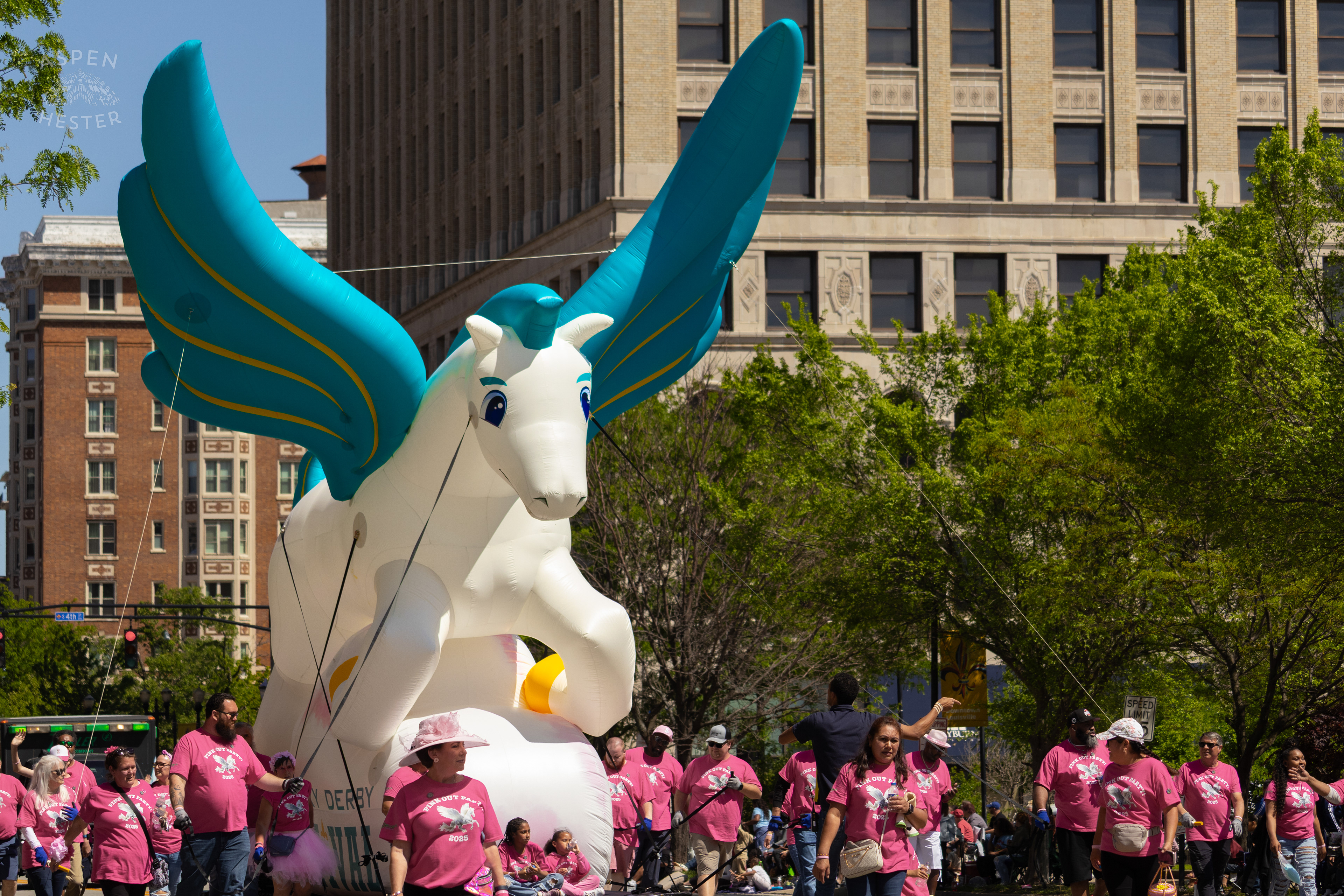 The Most Iconic Participante of The Pegasus Parade is Guided Down West Broadway for The 70th Annual Pegasus Parade. April 27th, 2025/Aspen Hester