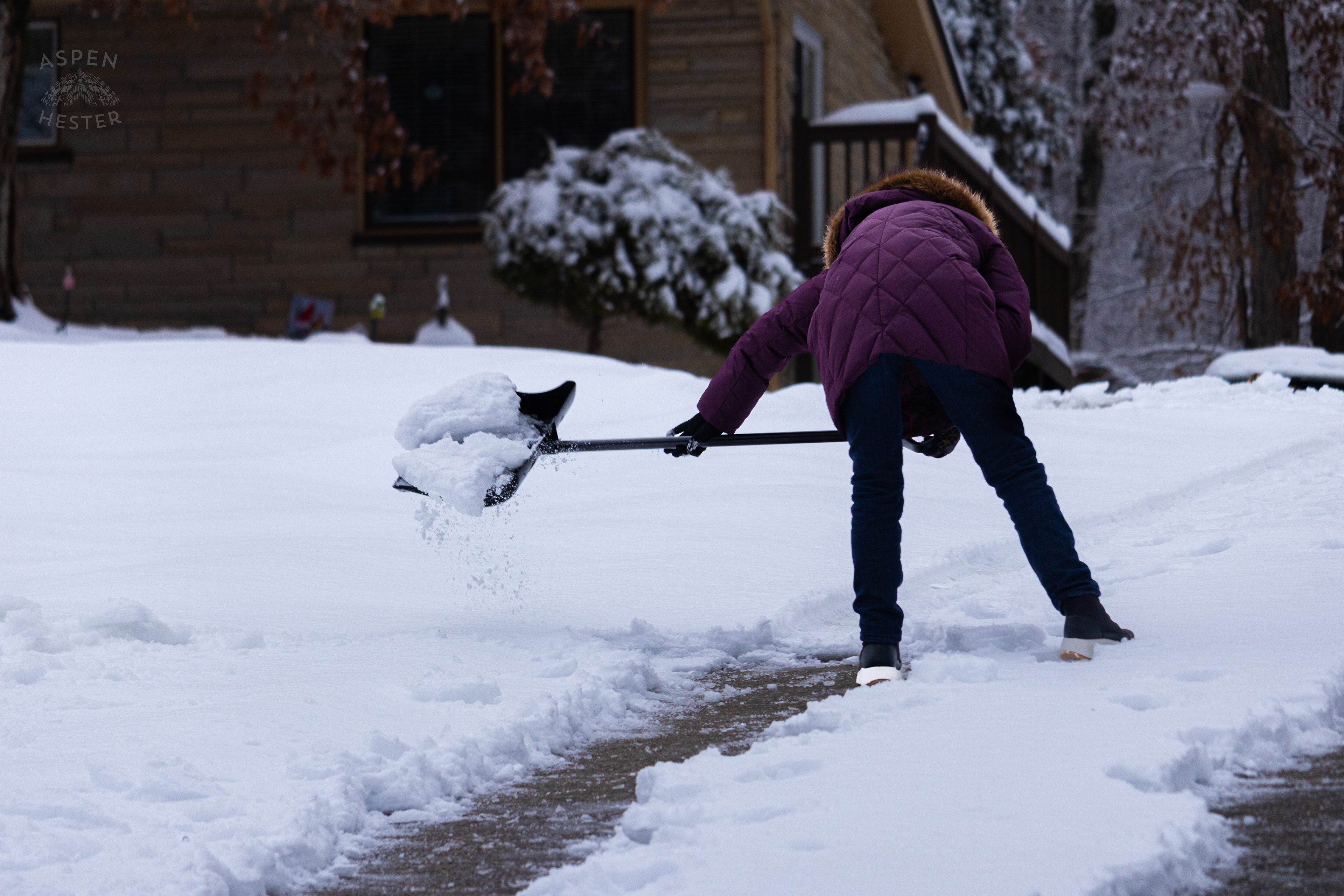 Susan Orloff Shoveling Her Long Waverly Hills Driveway After Winter Storm Blair Dropped Inches of Snow and Ice. January 6th, 2025/Aspen Hester
