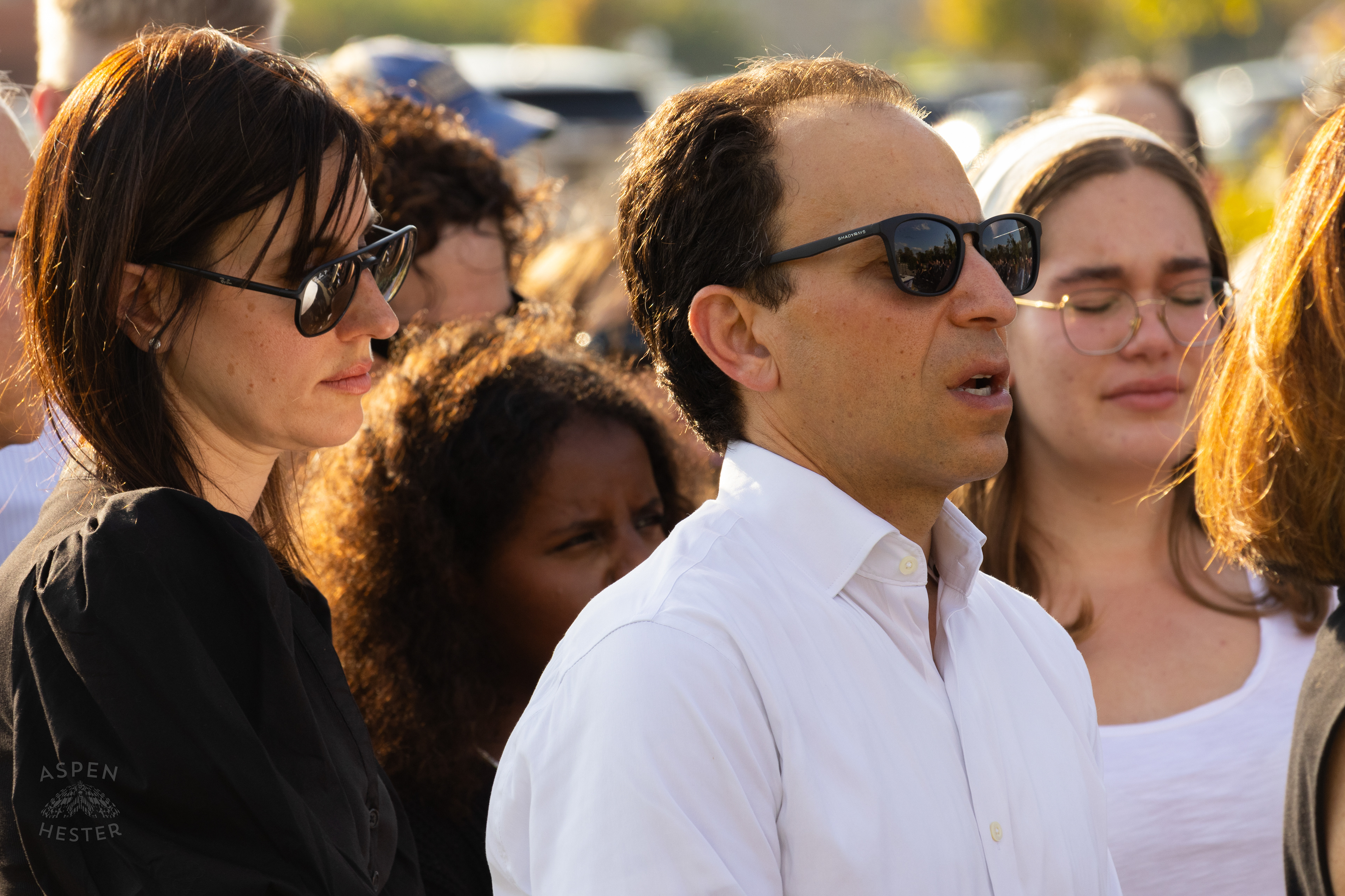Mayor Craig Greenberg and Frist Lady Rachel Greenberg Singing Hymns in The Crowd at The Trager Jewish Community Centers Gathering to Remember The Victims and Pray for Peace One Year After The October 7th 2023 Hamas Attack. October 6th, 2024/Aspen Hester