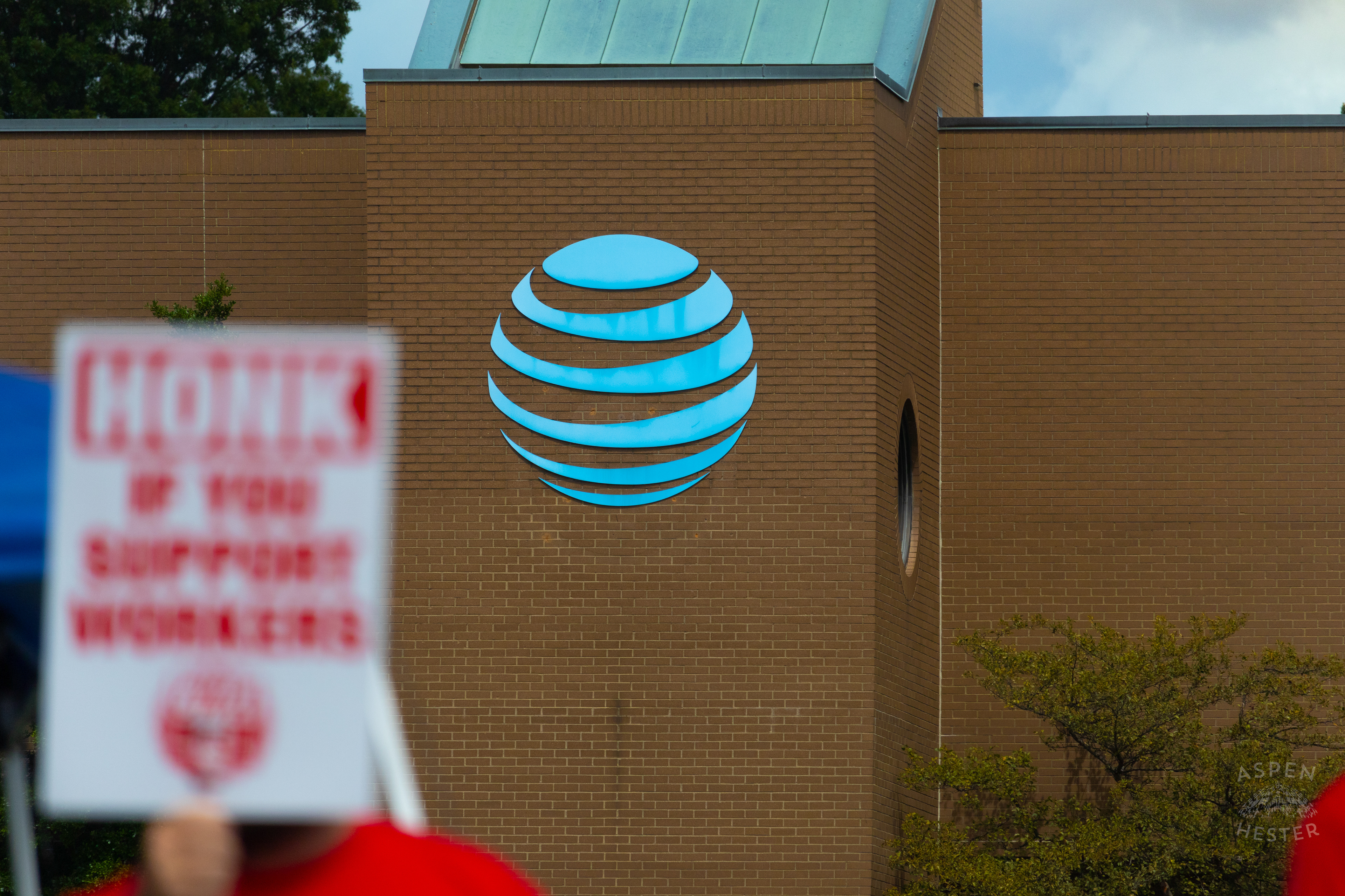 AT&T Building Backdropping Members of The Communication Workers of America Union and Supporters Striking Against AT&T for Fair Pay and Benefits. August 18th, 2024/Aspen Hester