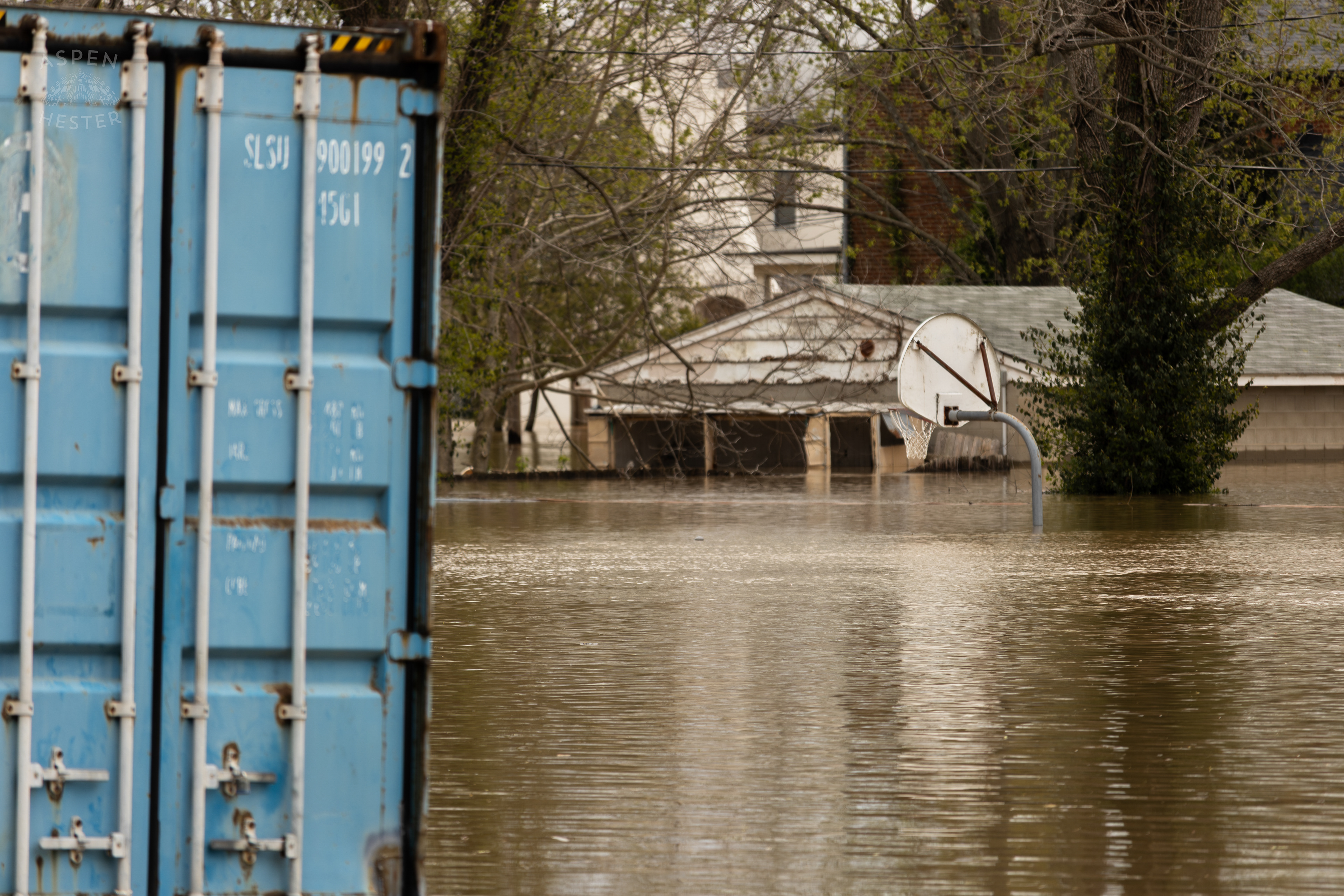 A Basketball Hoop Inundated Nearly to Its Net Amid The Historic Flooding in Utica Indiana. April 9th, 2025/Aspen Hester