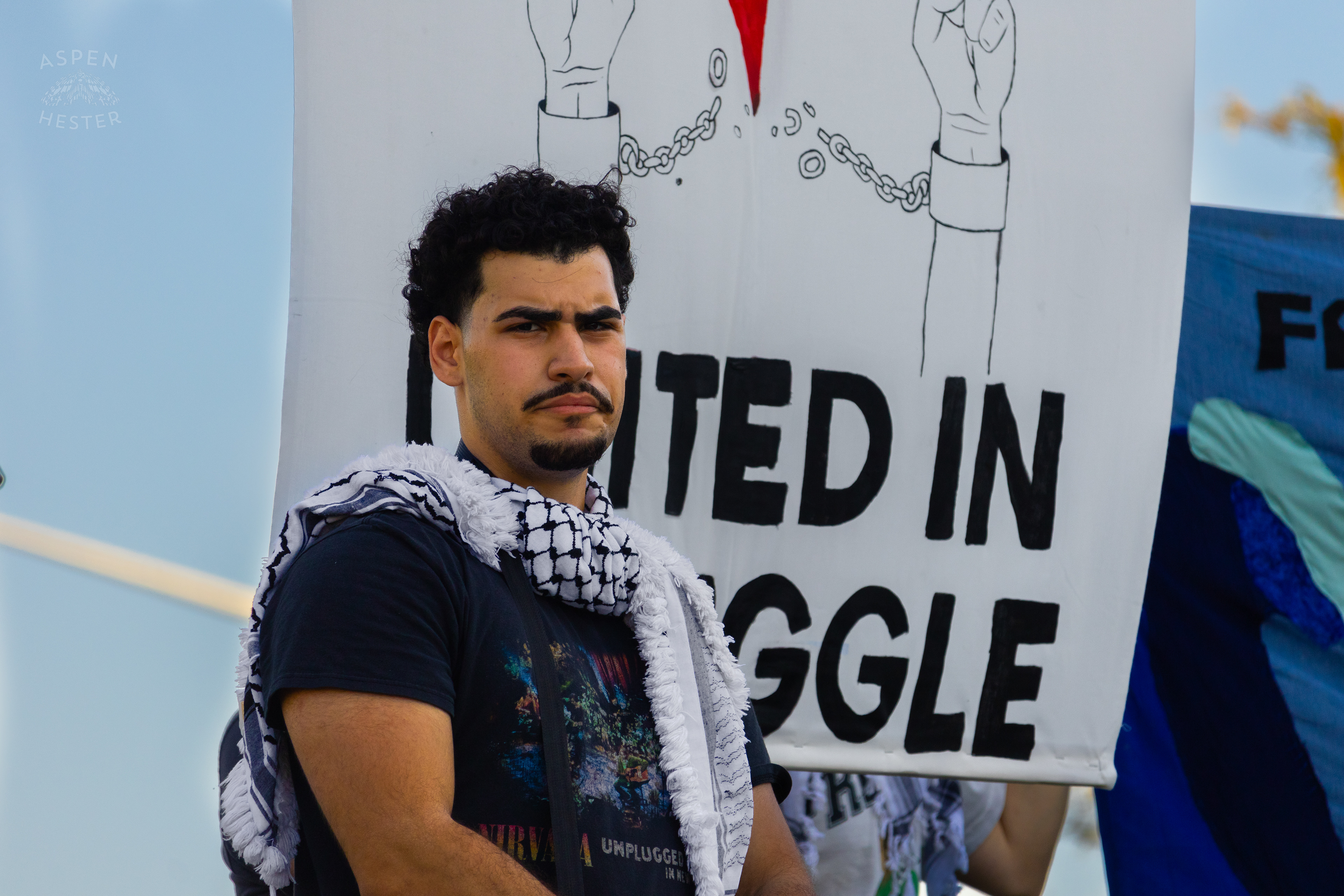 Protesters Standing Strong and Demanding Divestment and Peace During Lousiville’s One Year of Gaza Genocide Rally. October 5th, 2024/Aspen Hester 