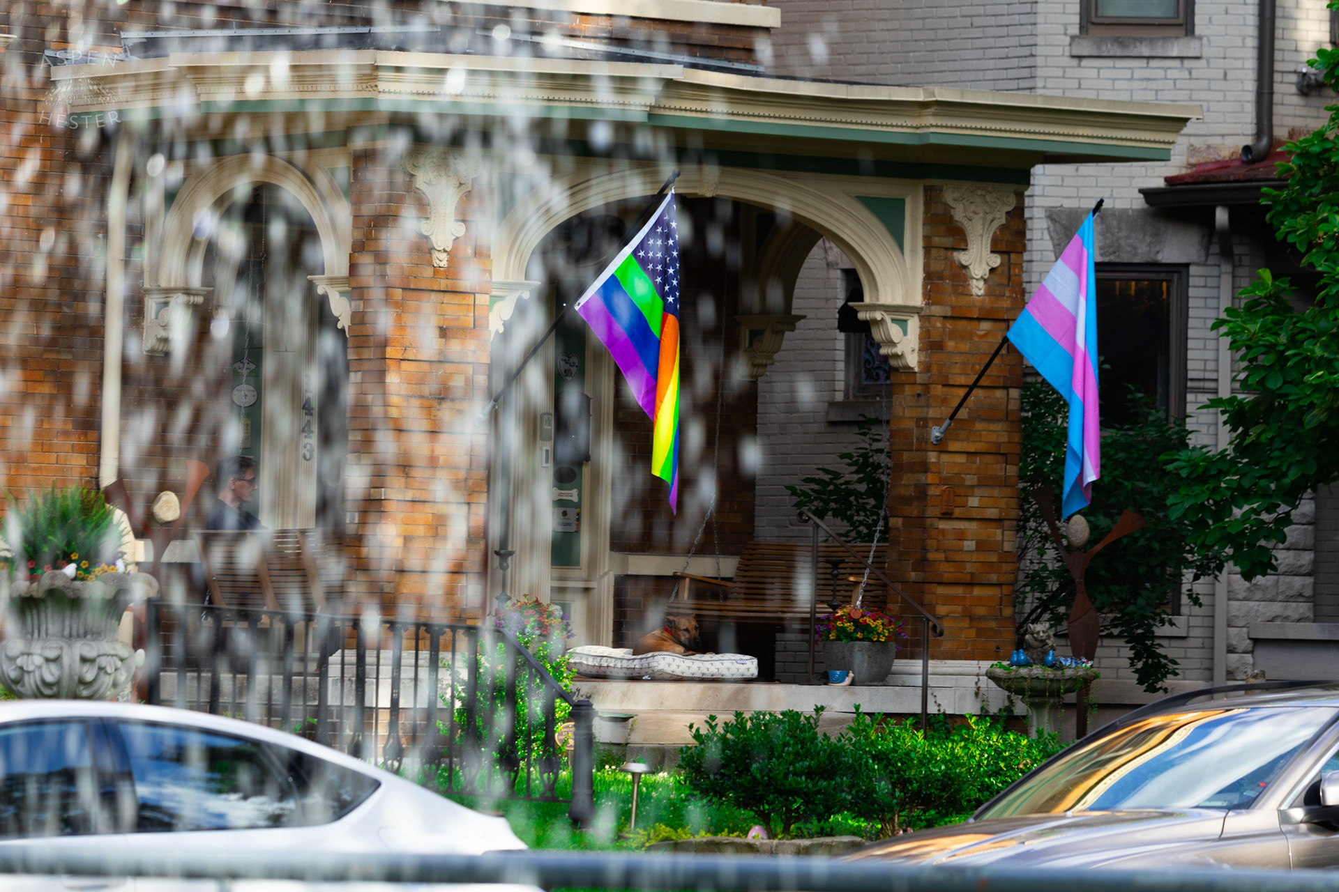 Gay and Trans Pride Flags Flying in Saint James Court. June 6th, 2024/Aspen Hester