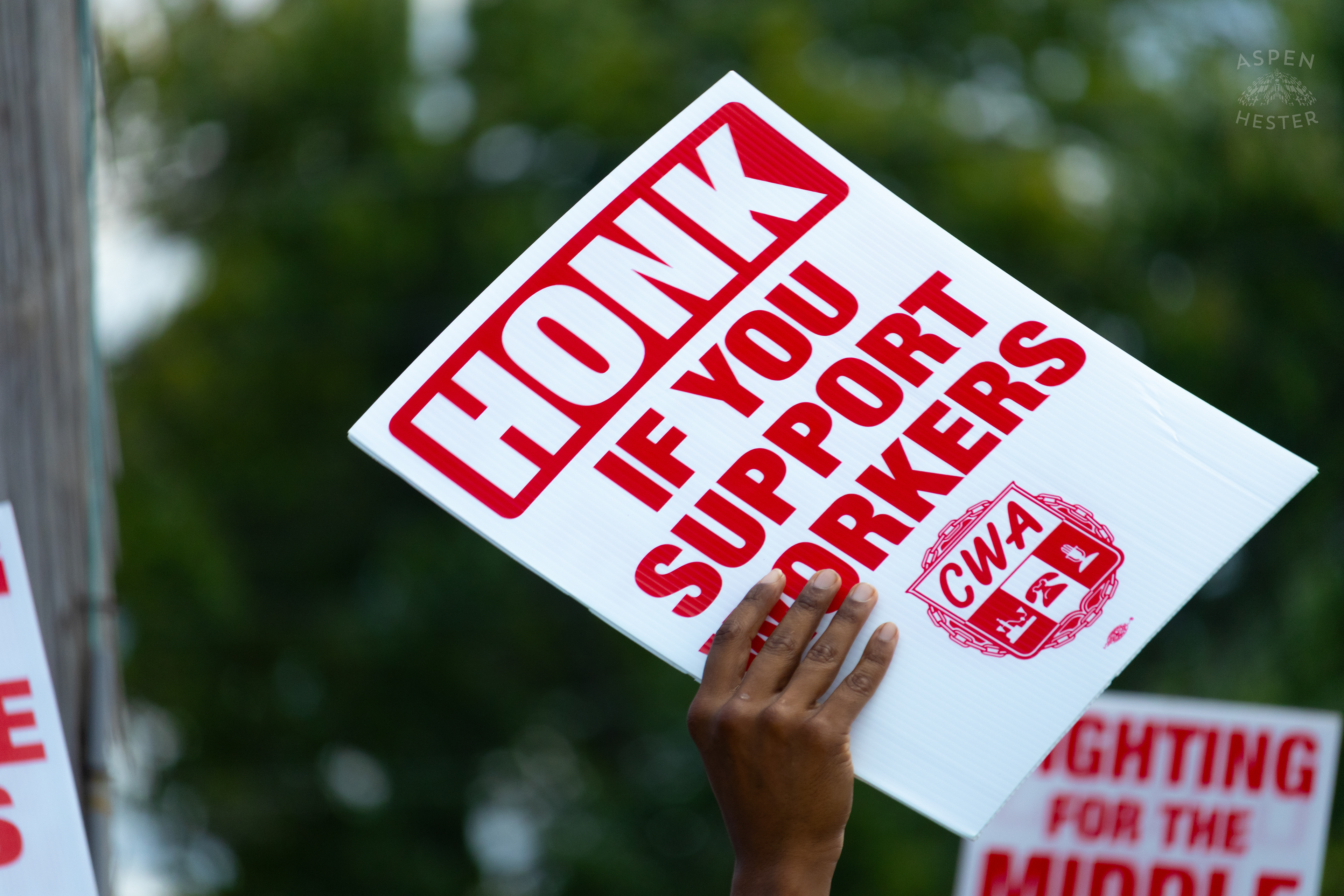 "HONK IF YOU SUPPORT WORKERS" Sign Used by A Member of The Communication Workers of America Union Striking Agaist AT&T for Fair Pay and Benefits. August 18th, 2024/Aspen Hester