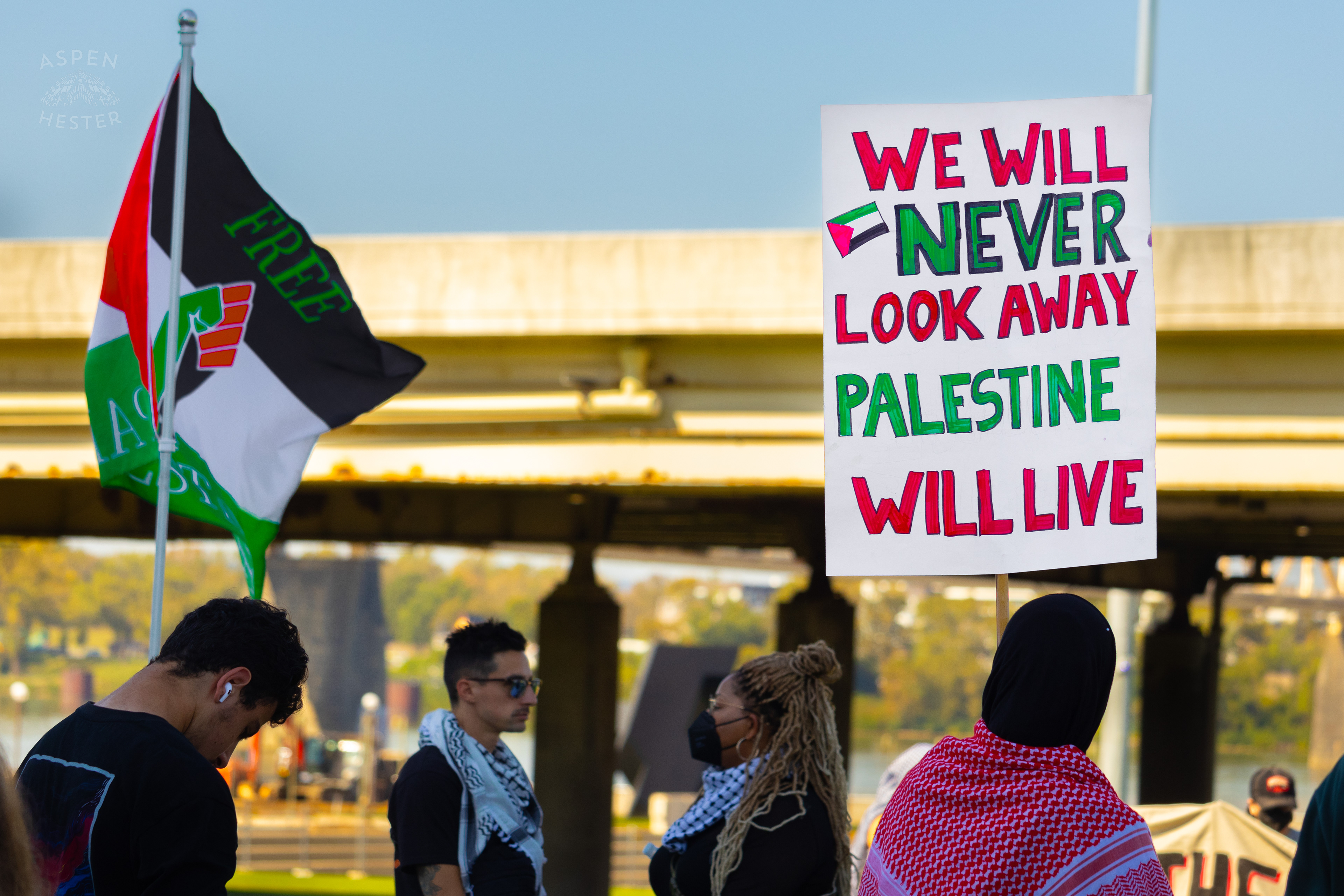 Protesters Insisting They “Will Never Look Never Look Away” and “Palestine Will Live” During Lousiville’s One Year of Gaza Genocide Rally. October 5th, 2024/Aspen Hester 