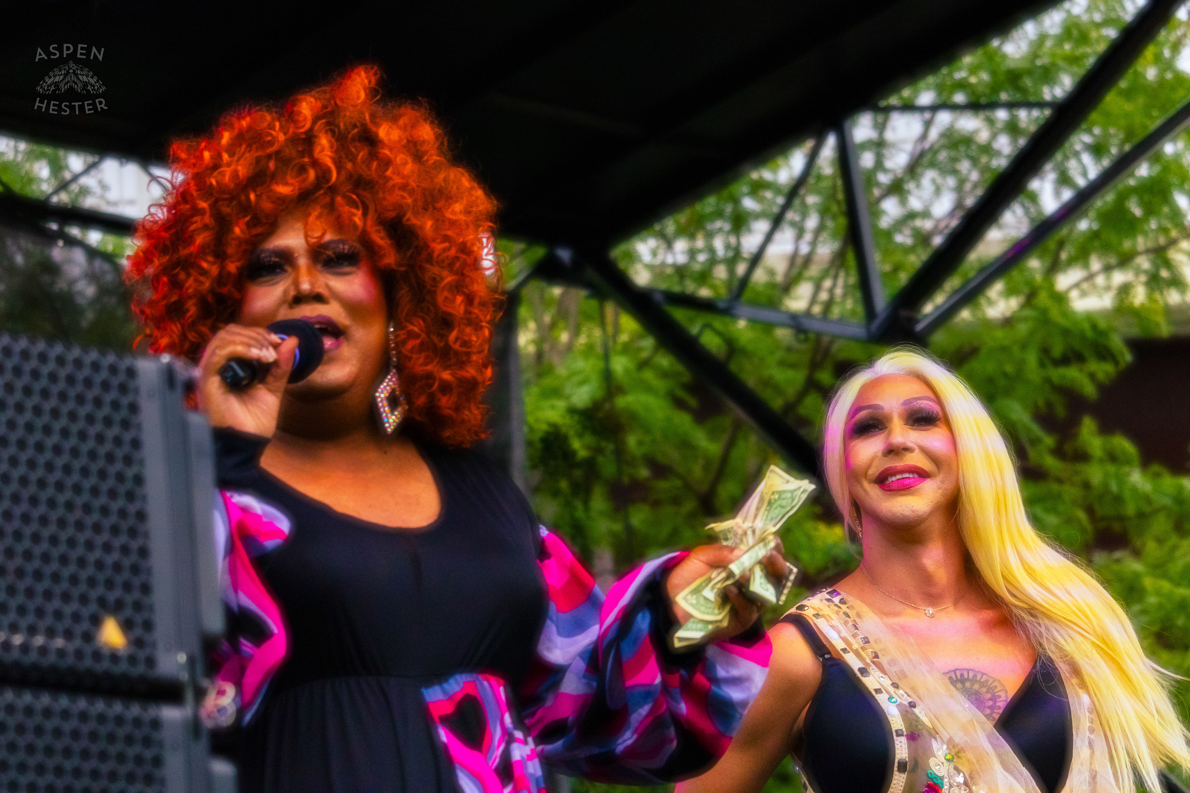 Drag Queens Vanessa Demornay and at Pride Bar's Family Friendly Drag Show at Southern Indiana Pride. June 1st, 2024/Aspen Hester 