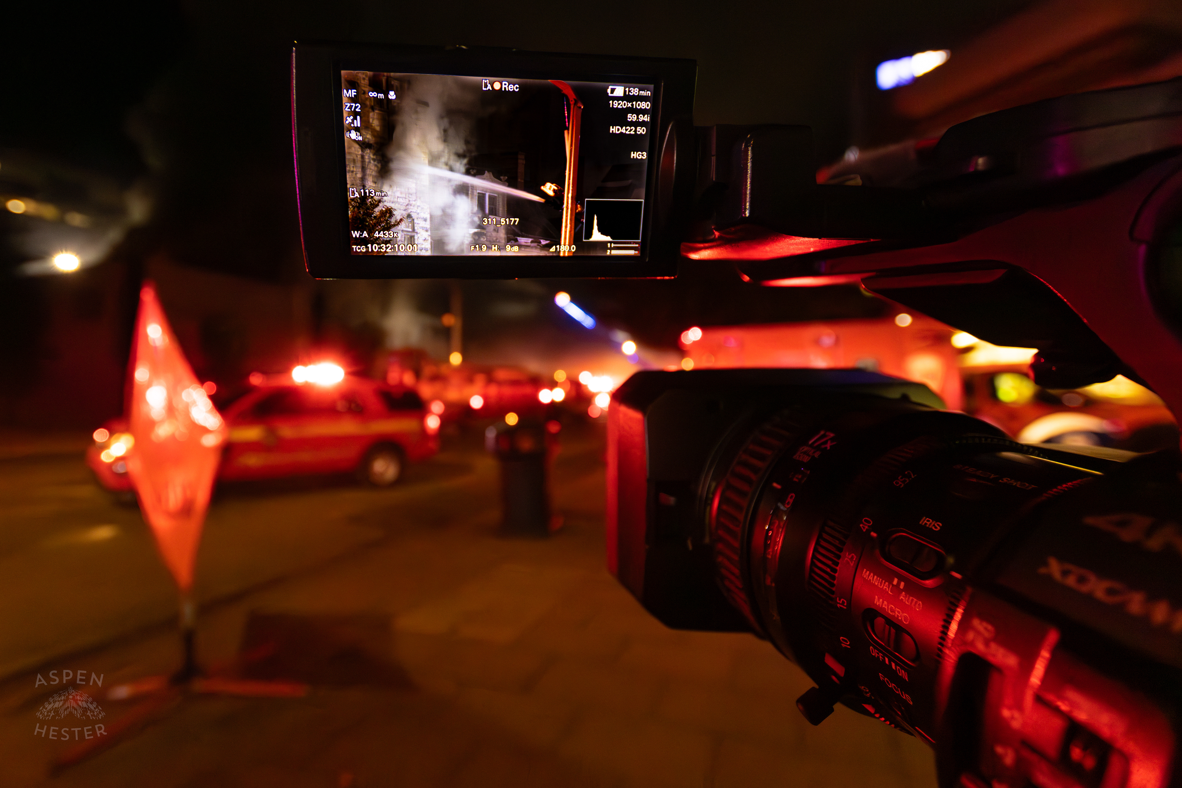 The Scene of a Massive 3 Alarm Blaze Engulfing The Vacant St. Paul's German Evangelical Church on East Broadway Seen Through a Viewfinder. October 9th, 2024/Aspen Hester