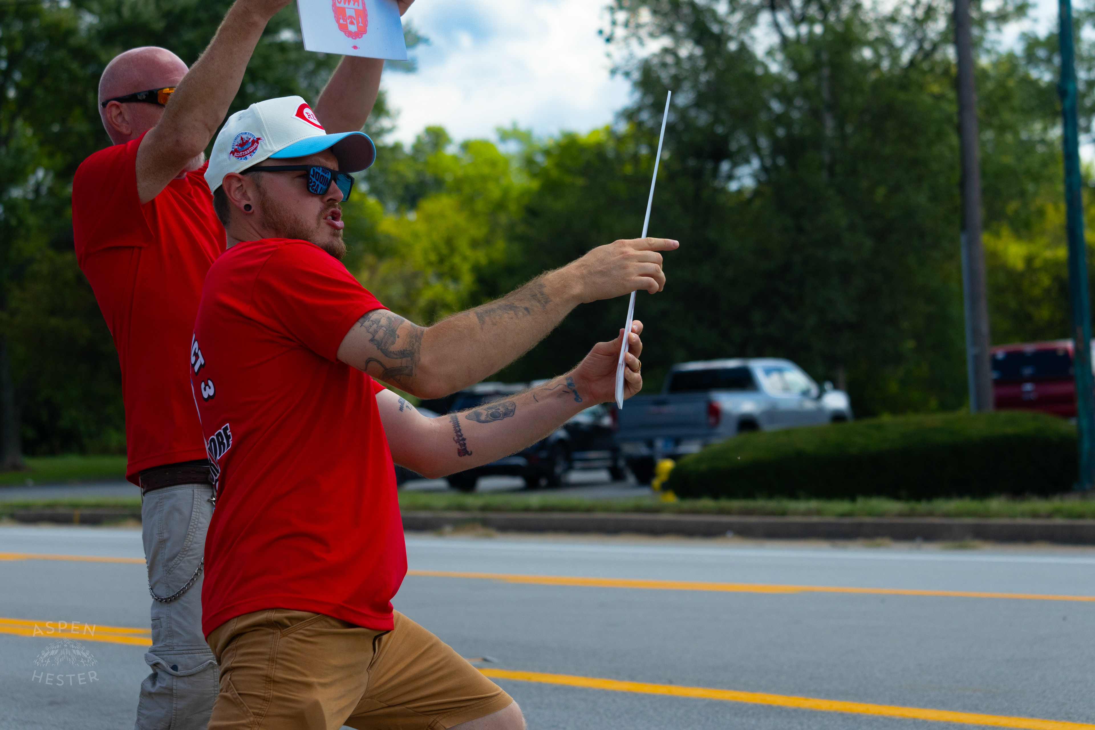 Member of The Communication Workers of America Union Encourages Cars to Honk in Support of Their  Strike Against AT&T for Fair Pay and Benefits. August 18th, 2024/Aspen Hester