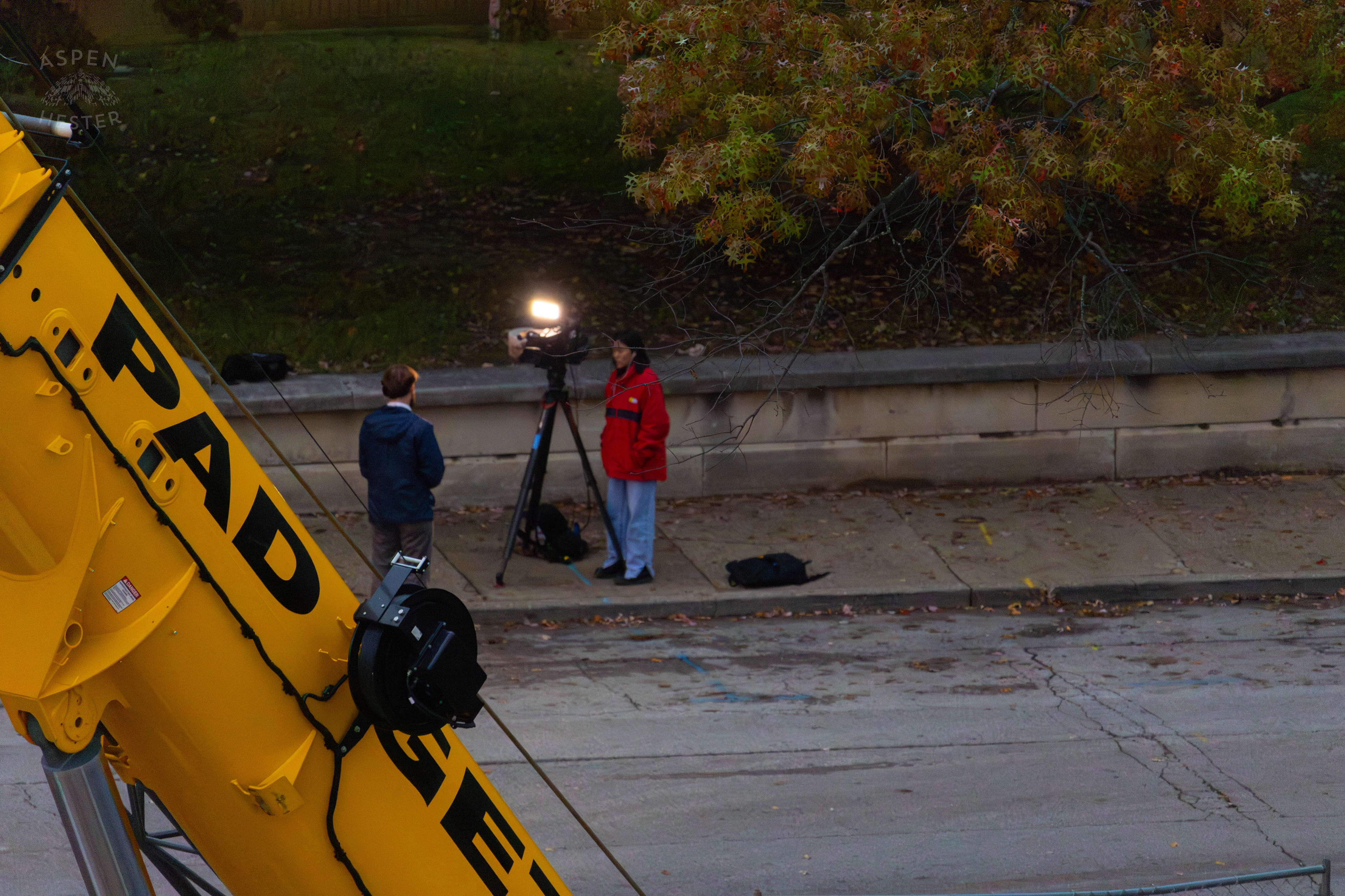 WHAS11 Crew- Ian Hardwitt and Emma Gefter -Prepare for A Live Report from The Scene of the 8+ Hour LFD Effort to Free A Trapped Demo Worker. November 11th, 2024/Aspen Hester