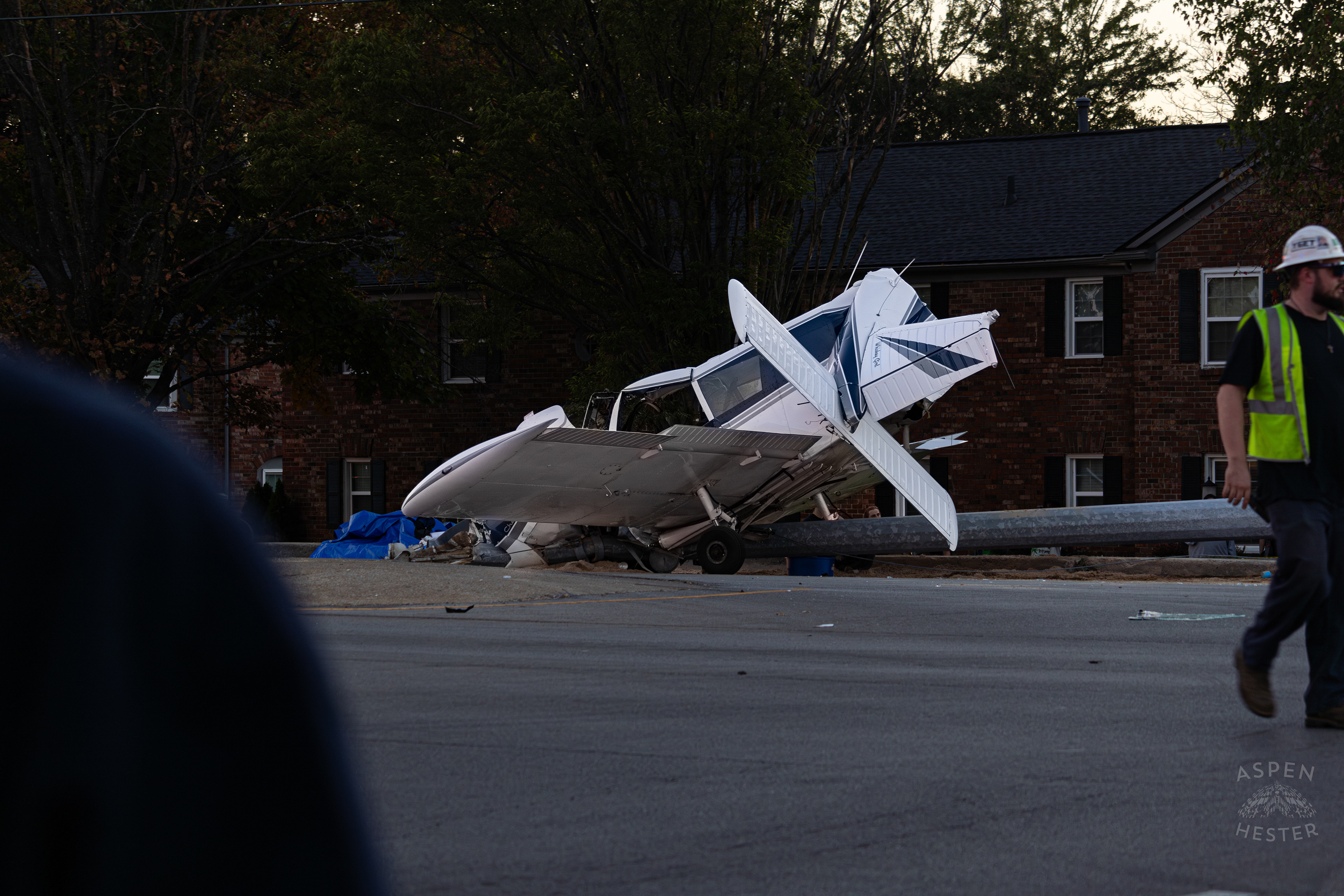 The Piper Cherokee Plane Crumpled after it Crash Landed, Taking Out Utility Poles, and Hitting A Car on Breckenridge Lane and Kresge Way. October 11th, 2024/Aspen Hester 