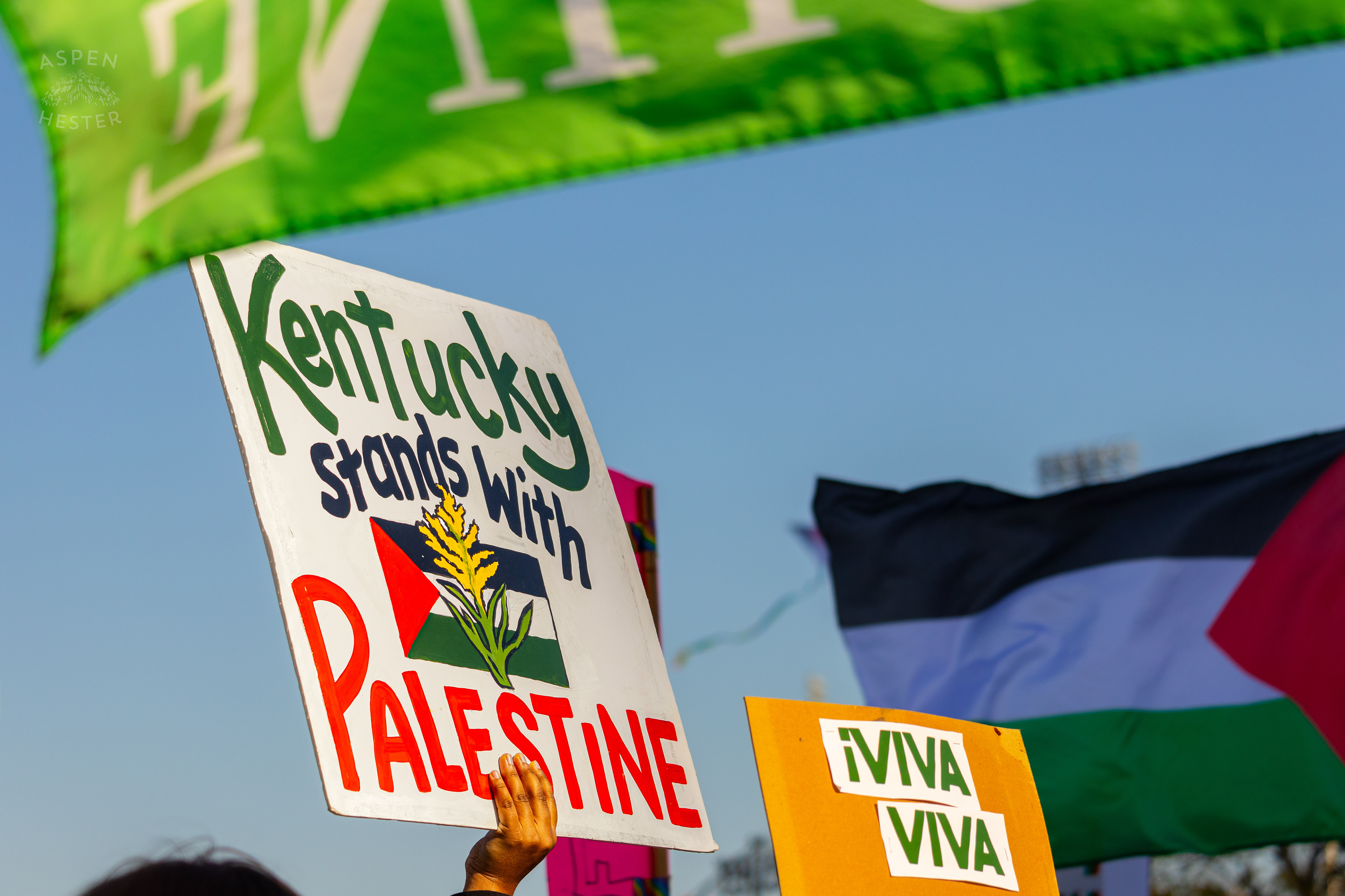 Protesters Saying “Kentucky Stands with Palestine” During Lousiville’s One Year of Gaza Genocide Rally. October 5th, 2024/Aspen Hester 