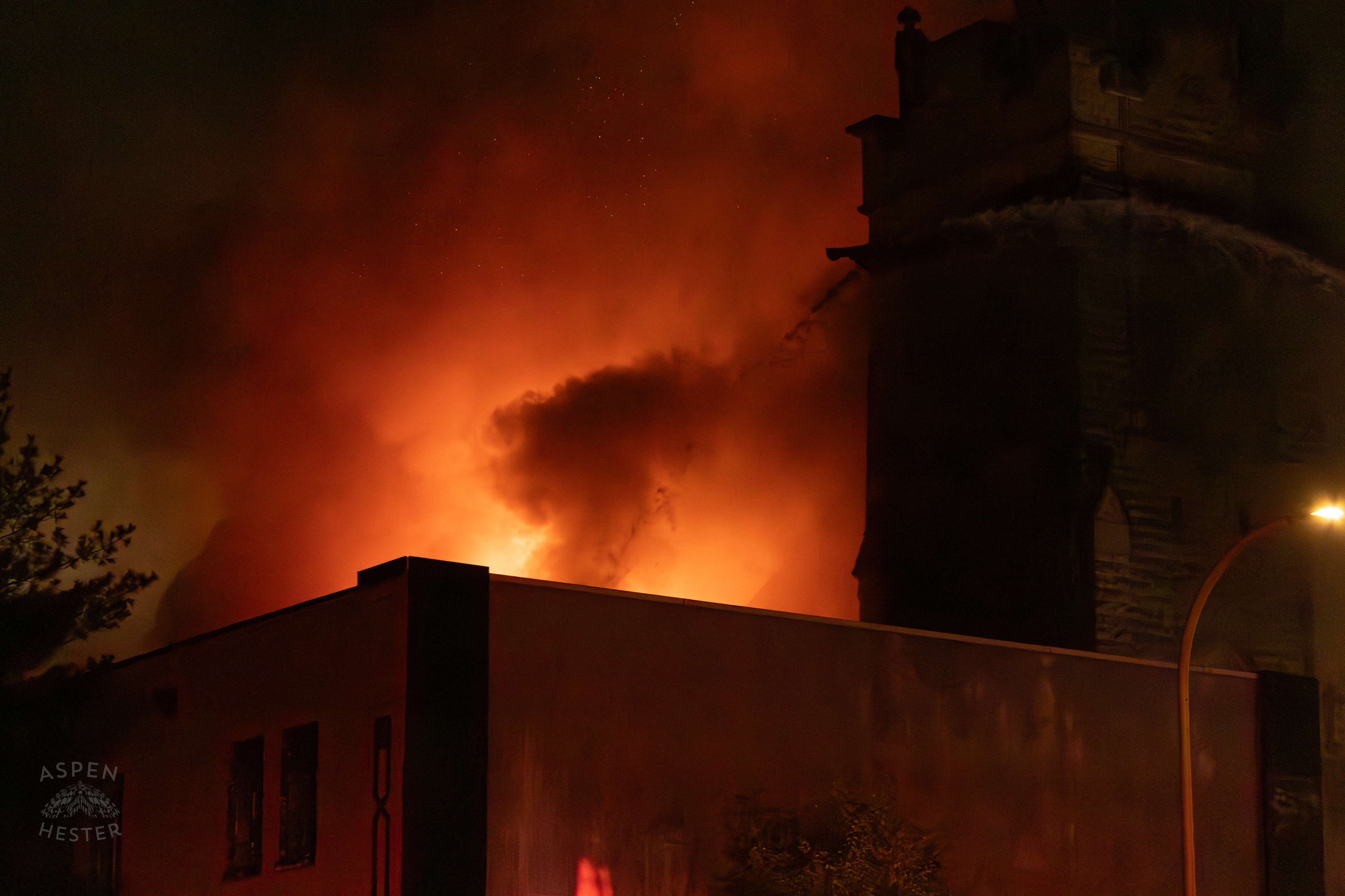 Large Flames Pouring Out of The Vacant St. Paul's German Evangelical Church Battled by Firefighting Ariels as a Massive 3 Alarm Blaze Engulfs it on East Broadway. October 9th, 2024/Aspen Hester