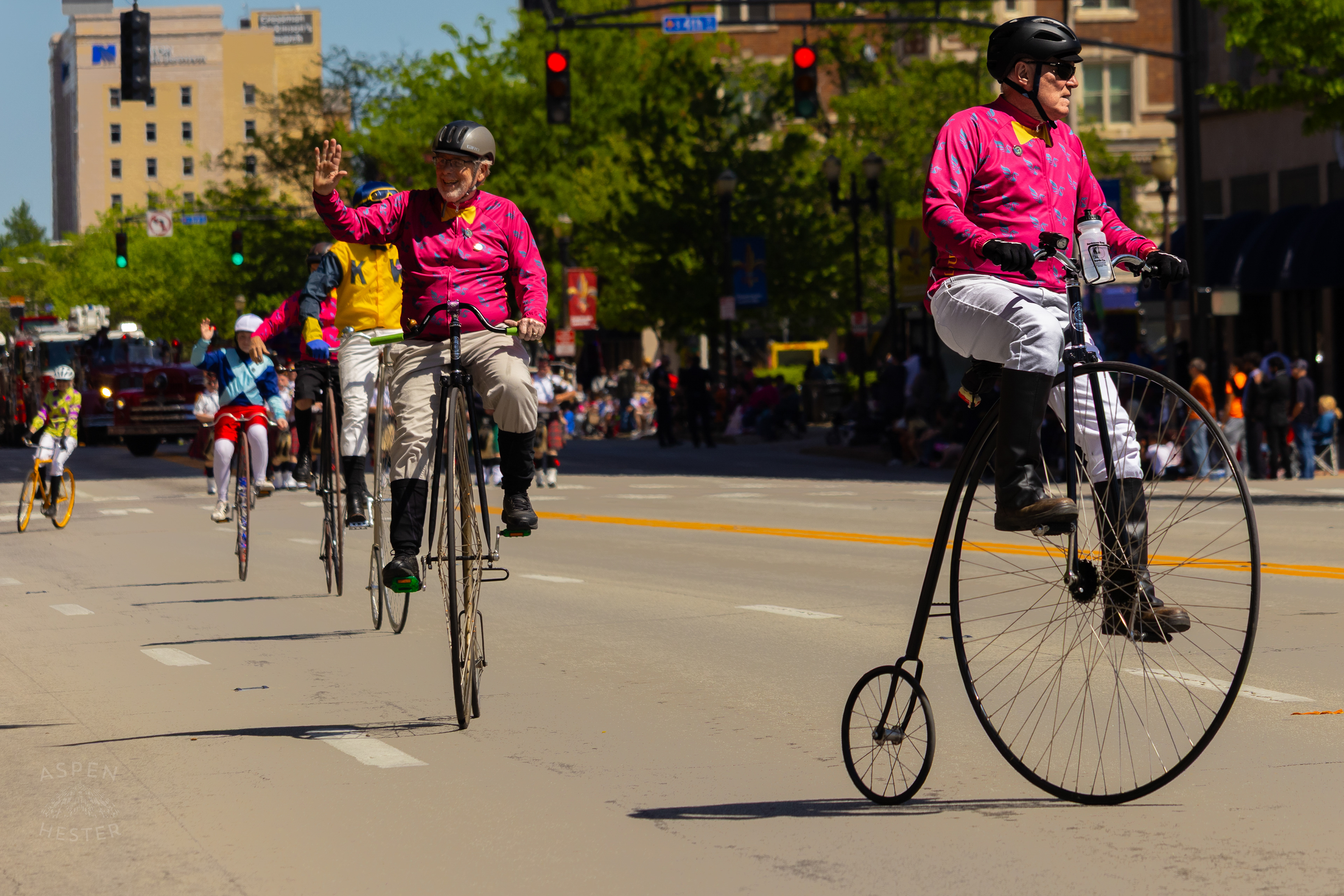 The Victorian Bike Riding Jockeys Glide Down West Broadway for The 70th Annual Pegasus Parade. April 27th, 2025/Aspen Hester