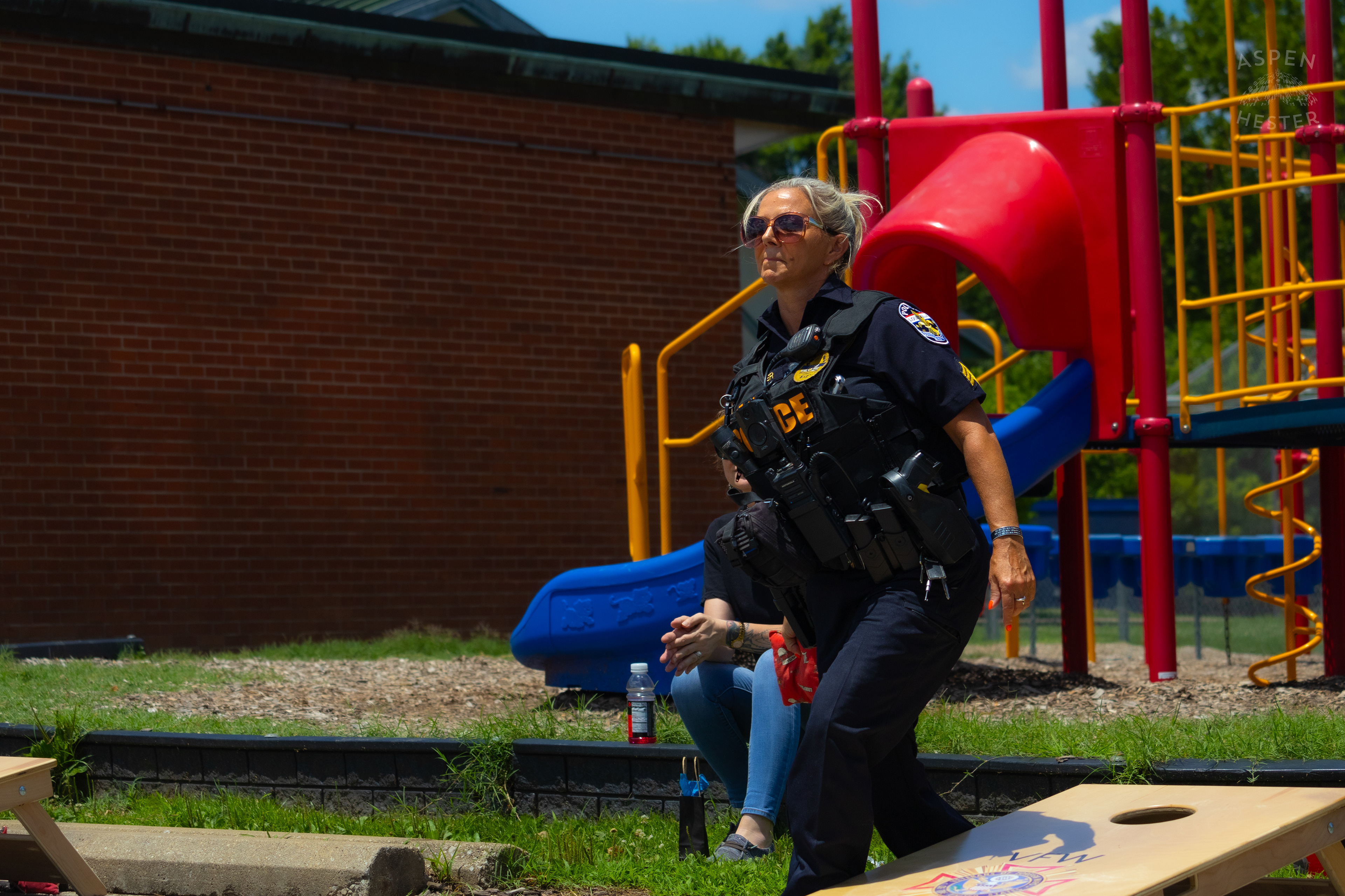 LMPD Officer Carmine Zoeller Participates in "Cornhole with Cops" Event. July 6th, 2024/Aspen Hester