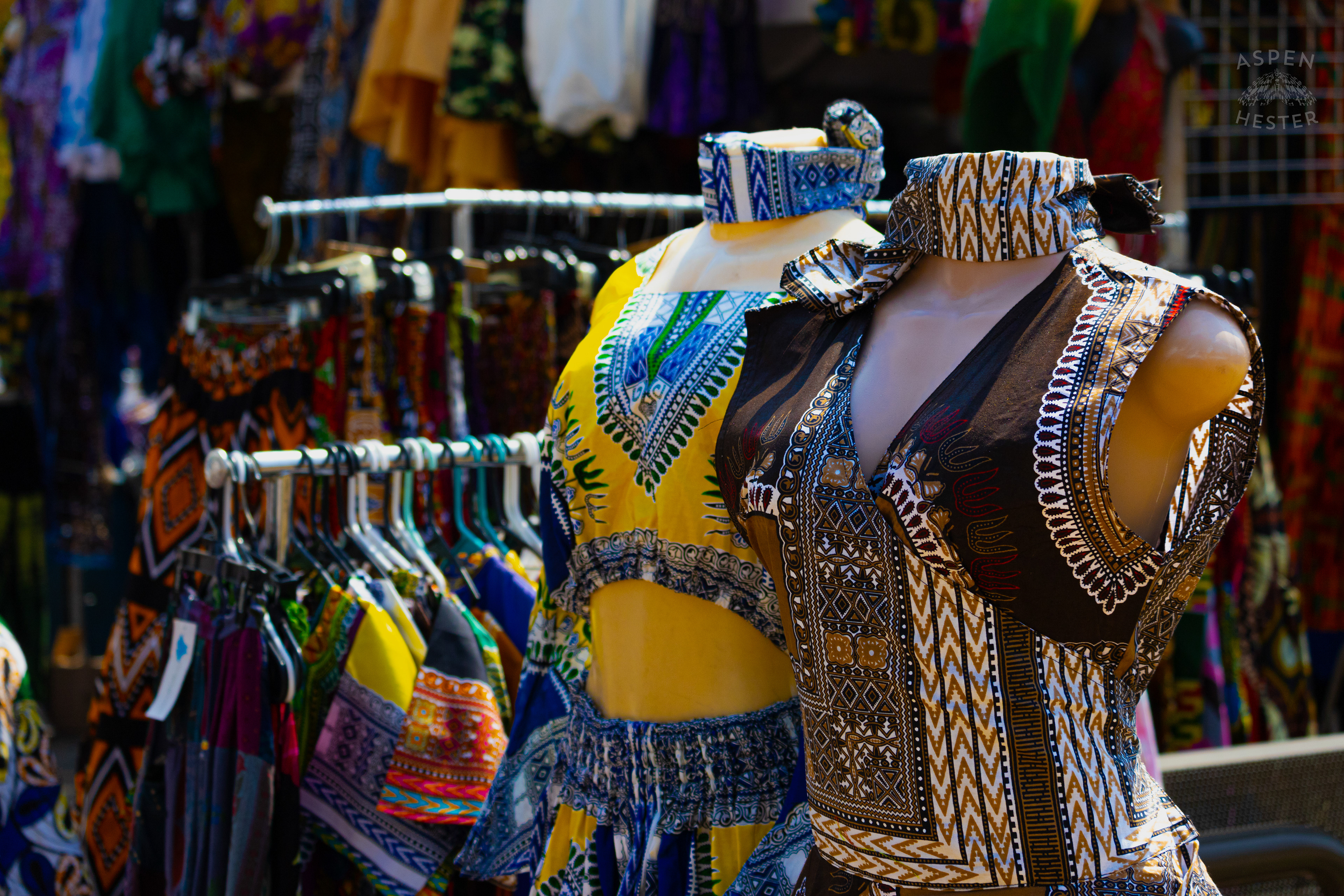 Traditional Clothing Being Sold by African Art at Opening Day of The 22nd Annual WorldFest. August 30th, 2024. Aspen Hester