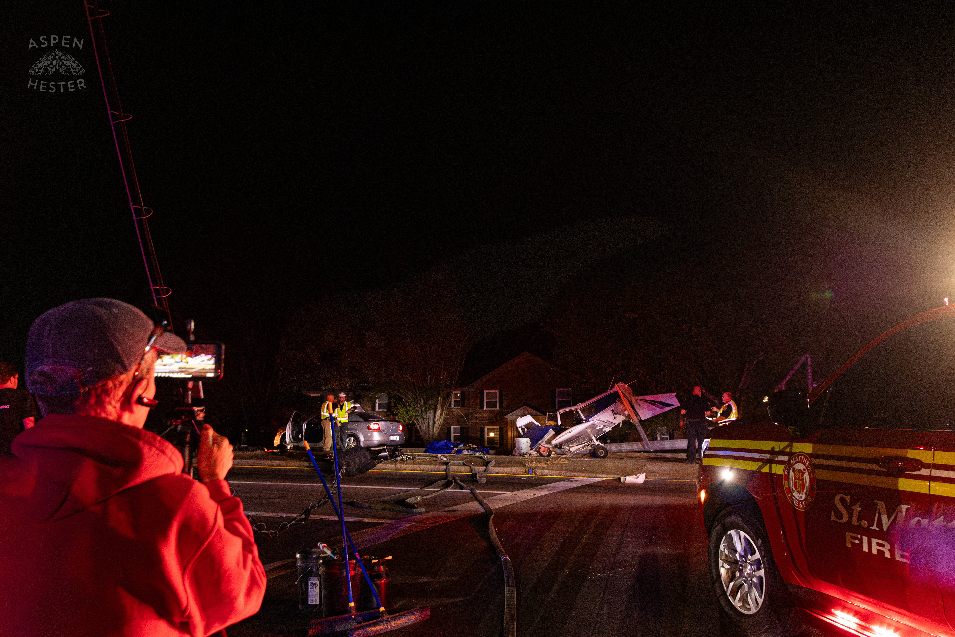 The Scene Where A Piper Cherokee Plane Crash Landed, Taking Out Utility Poles, and Hitting A Car on Breckenridge Lane and Kresge Way. October 11th, 2024/Aspen Hester 