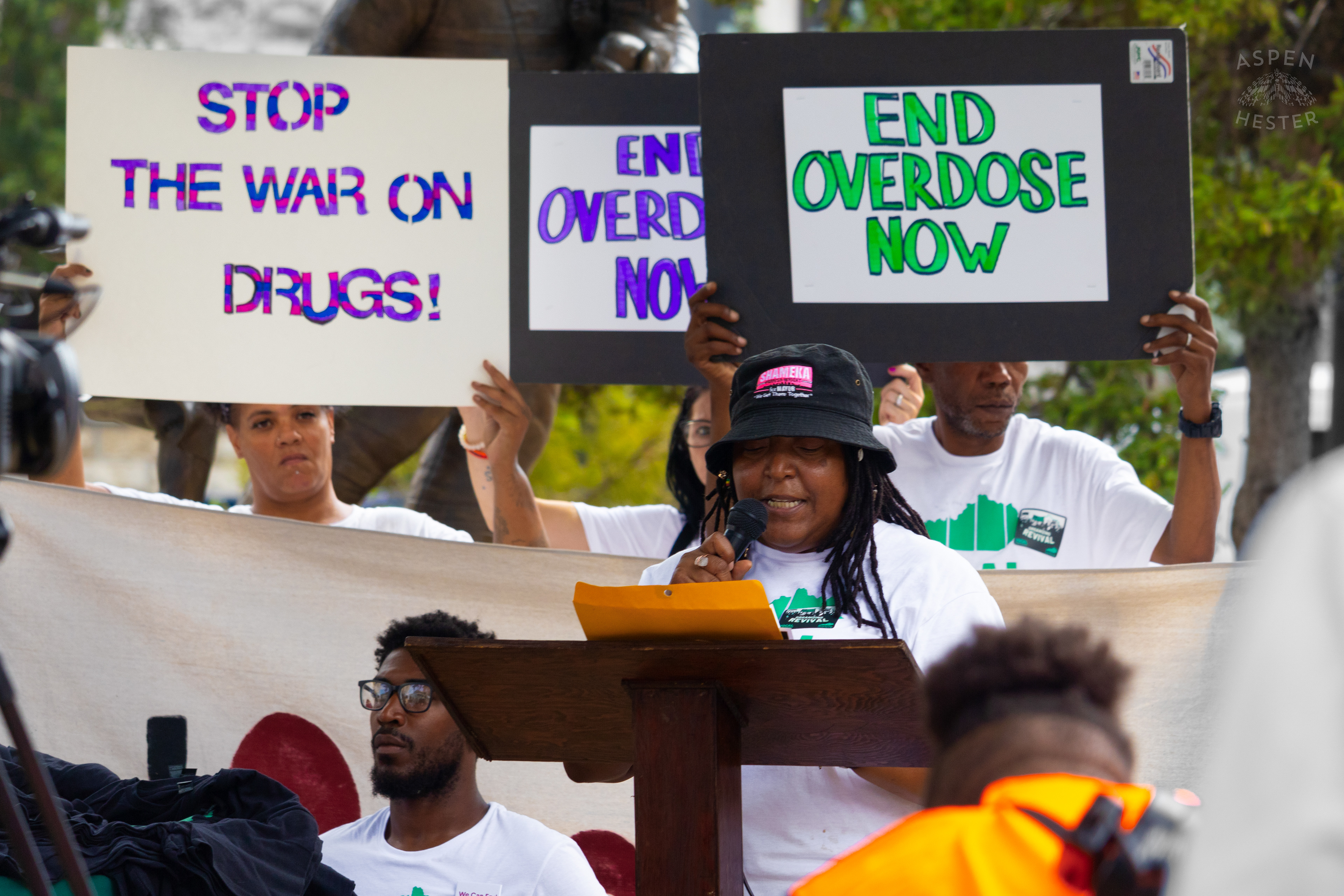 Shameka Parrish-Wright, District 3 Metro Councilwoman, and Director of Vocal Kentucky Speaks Surrounded by Signs Supporting the Cause at The 3rd Annual Vocal KY International Overdose Awareness Day Rally and March. August 31st, 2024/Aspen Hester