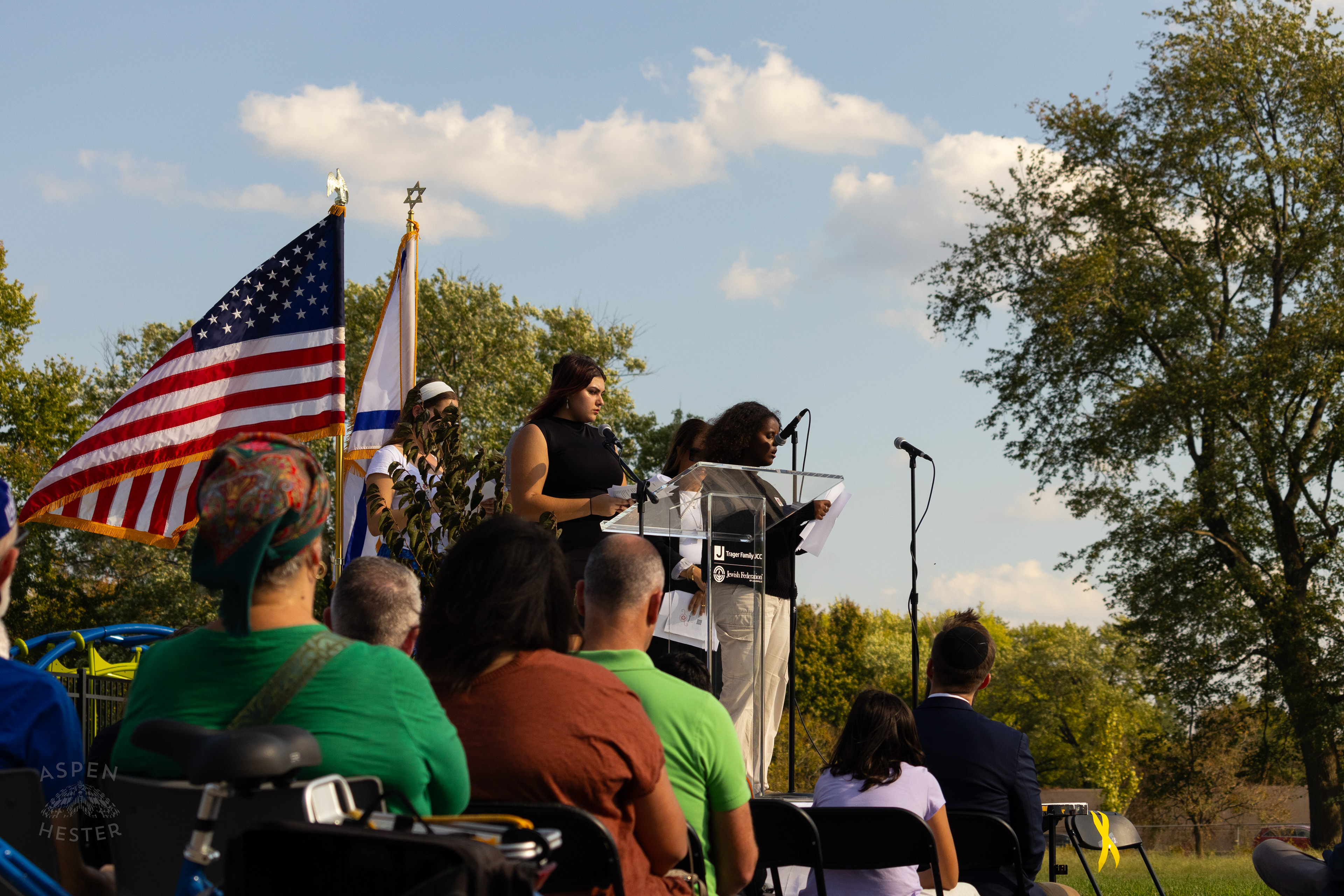 Israeli Natives Telling Their Story to The Crowd Gathered at The Trager Jewish Community Center to Remember The Victims and Pray for Peace One Year After The October 7th 2023 Hamas Attack. October 6th, 2024/Aspen Hester