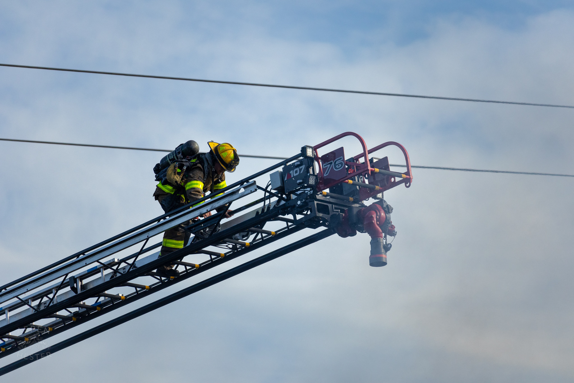 Firefighter Battling Flames From the Aerial at The Old Library on Preston Highway. May 31st, 2024/Aspen Hester