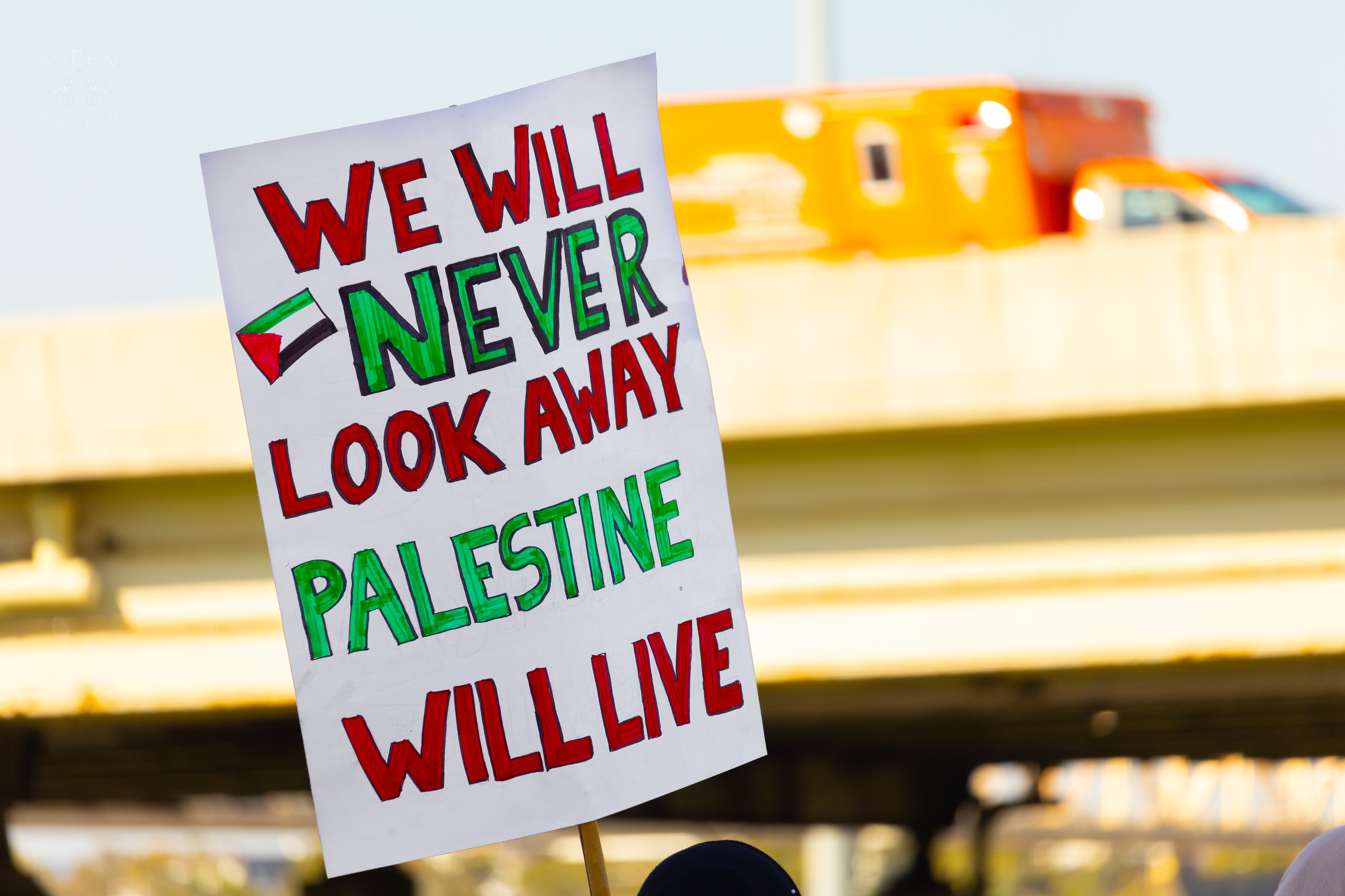 Protesters Insisting They “Will Never Look Never Look Away” and “Palestine Will Live” During Lousiville’s One Year of Gaza Genocide Rally. October 5th, 2024/Aspen Hester 