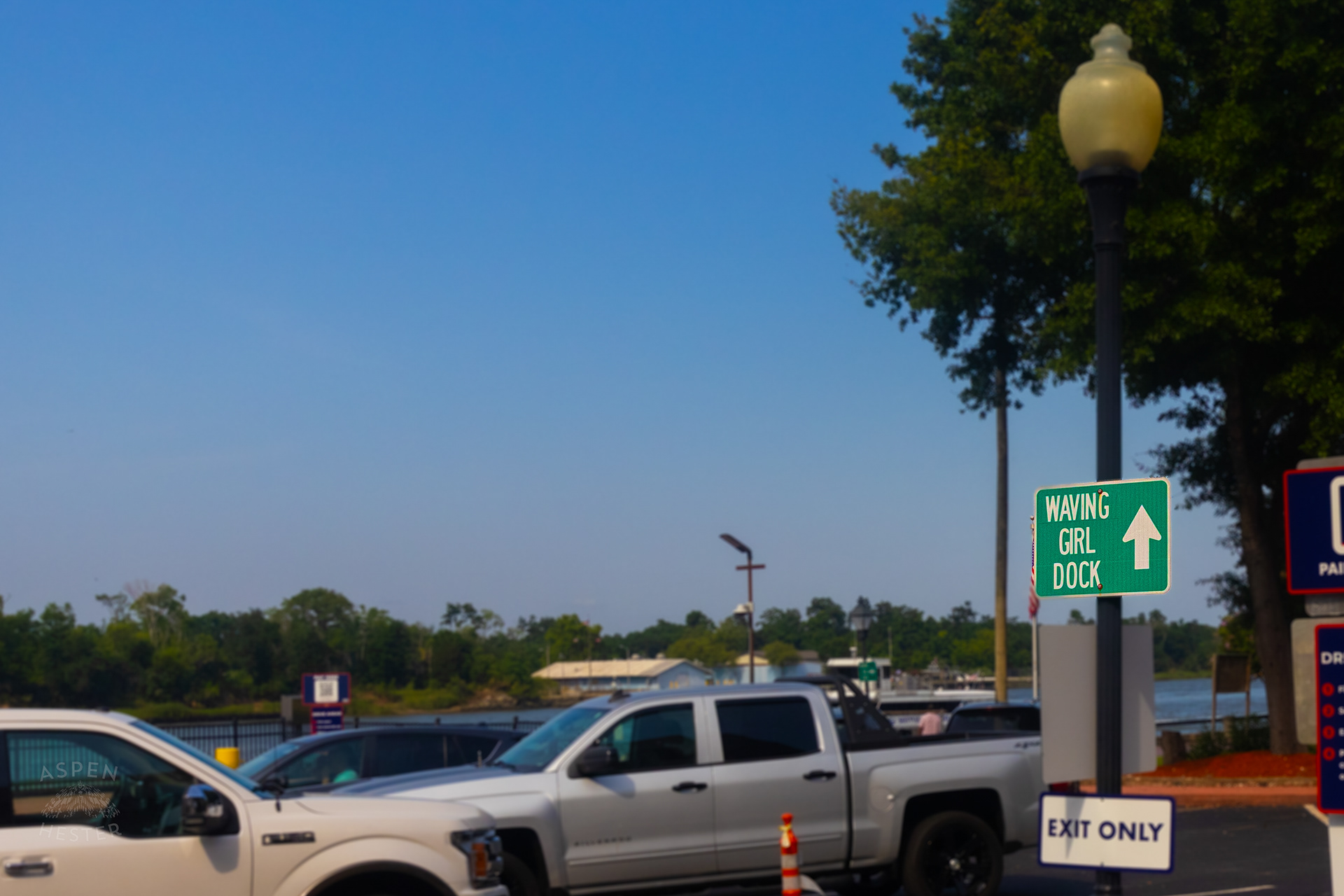 Sign for The Waving Girl Dock in Savannah Georgia. June 26th, 2024/Aspen Hester
