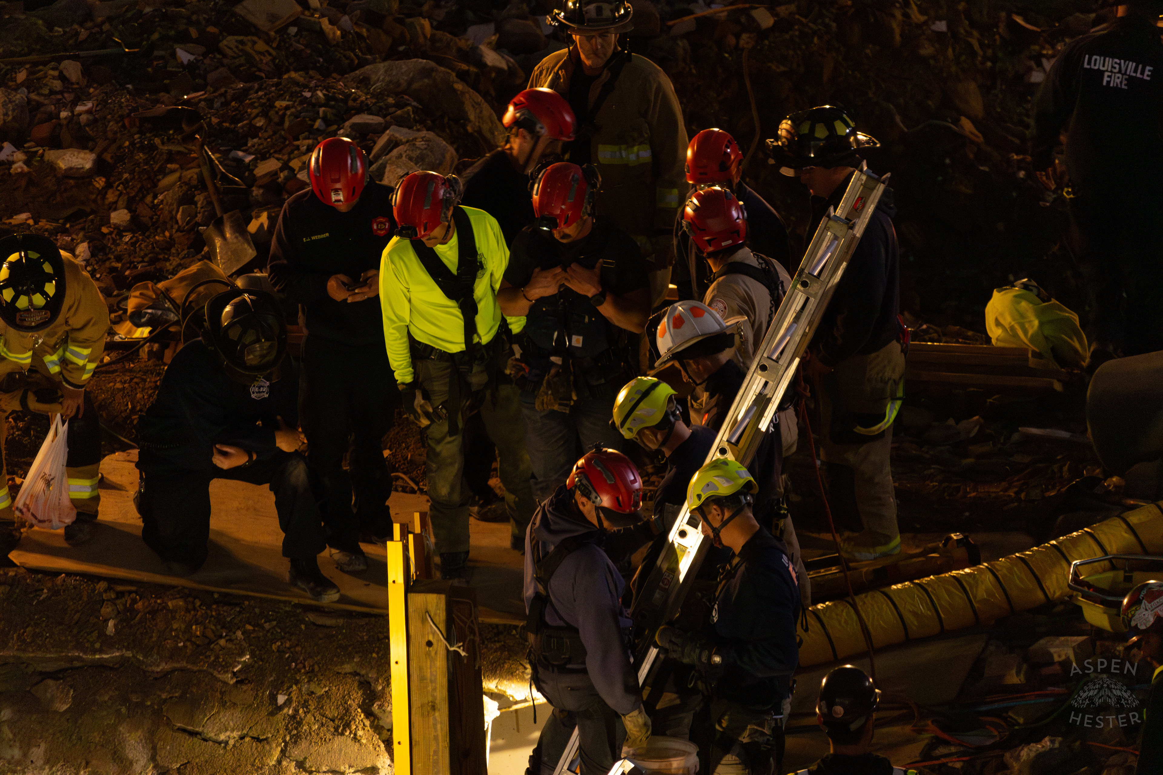 Crew Members Communicate with and Watch Their Crewmates Working Deep Underground During the 8+ Hour LFD Effort to Free A Trapped Demo Worker. November 11th, 2024/Aspen Hester