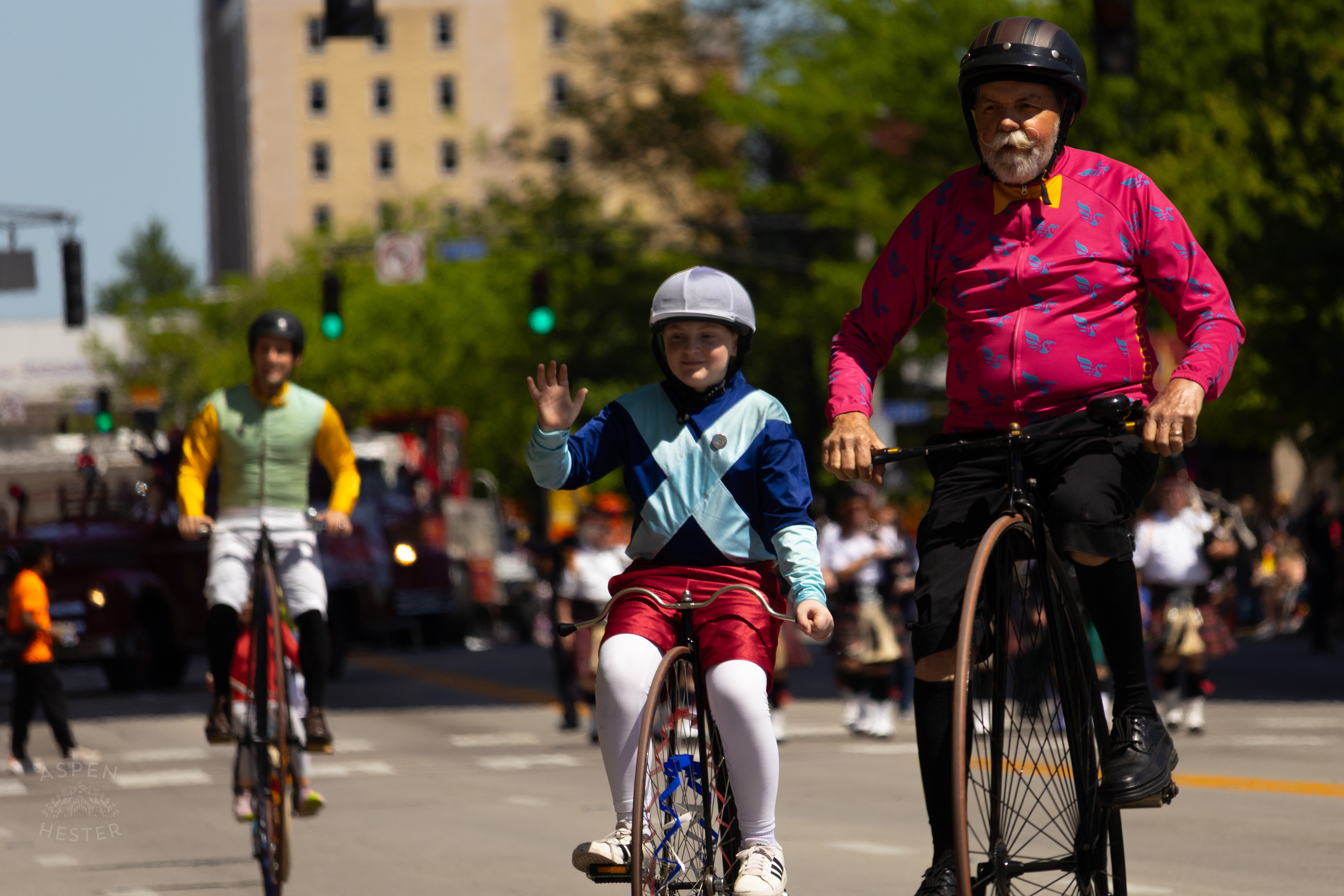 The Victorian Bike Riding Jockeys Glide Down West Broadway for The 70th Annual Pegasus Parade. April 27th, 2025/Aspen Hester