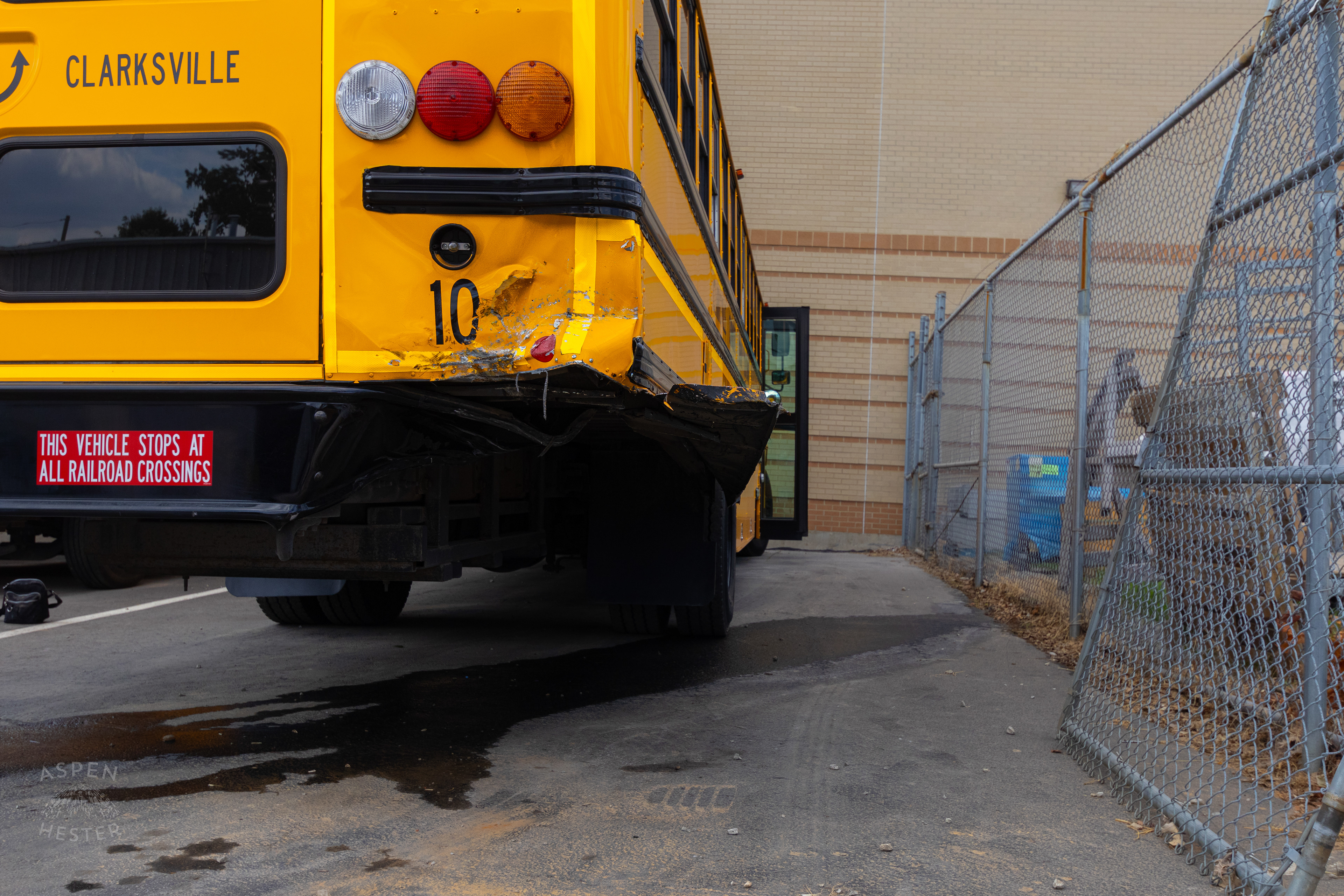 The Damage Done to A Clarksville Community School Cooperation Bus After A Dodge Charger Crashed into it at Full Speed. August 14th, 2024/Aspen Hester