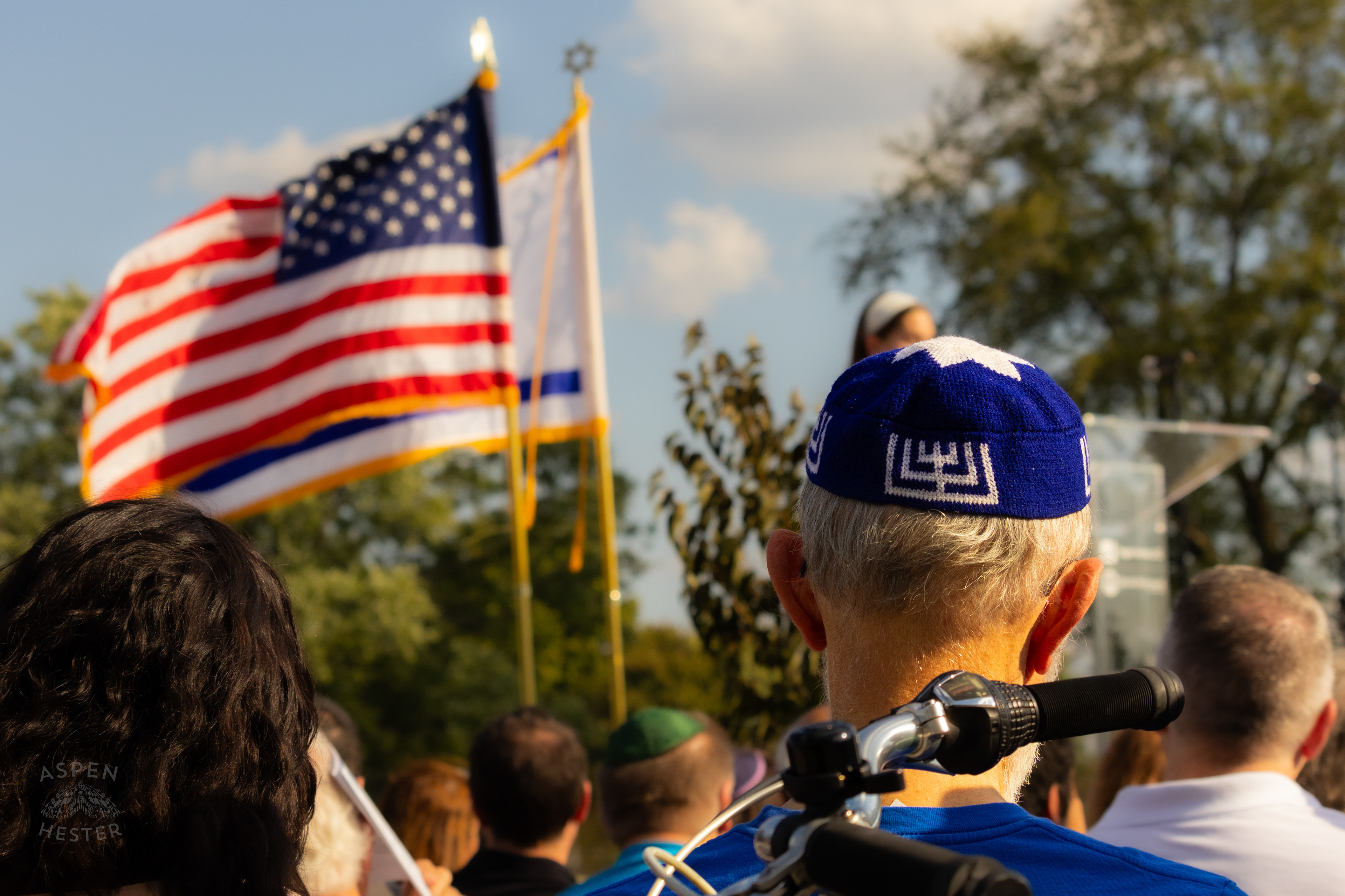 Decorated Kippah in the Crowd at The Trager Jewish Community Centers Gathering to Remember The Victims and Pray for Peace One Year After The October 7th 2023 Hamas Attack. October 6th, 2024/Aspen Hester
