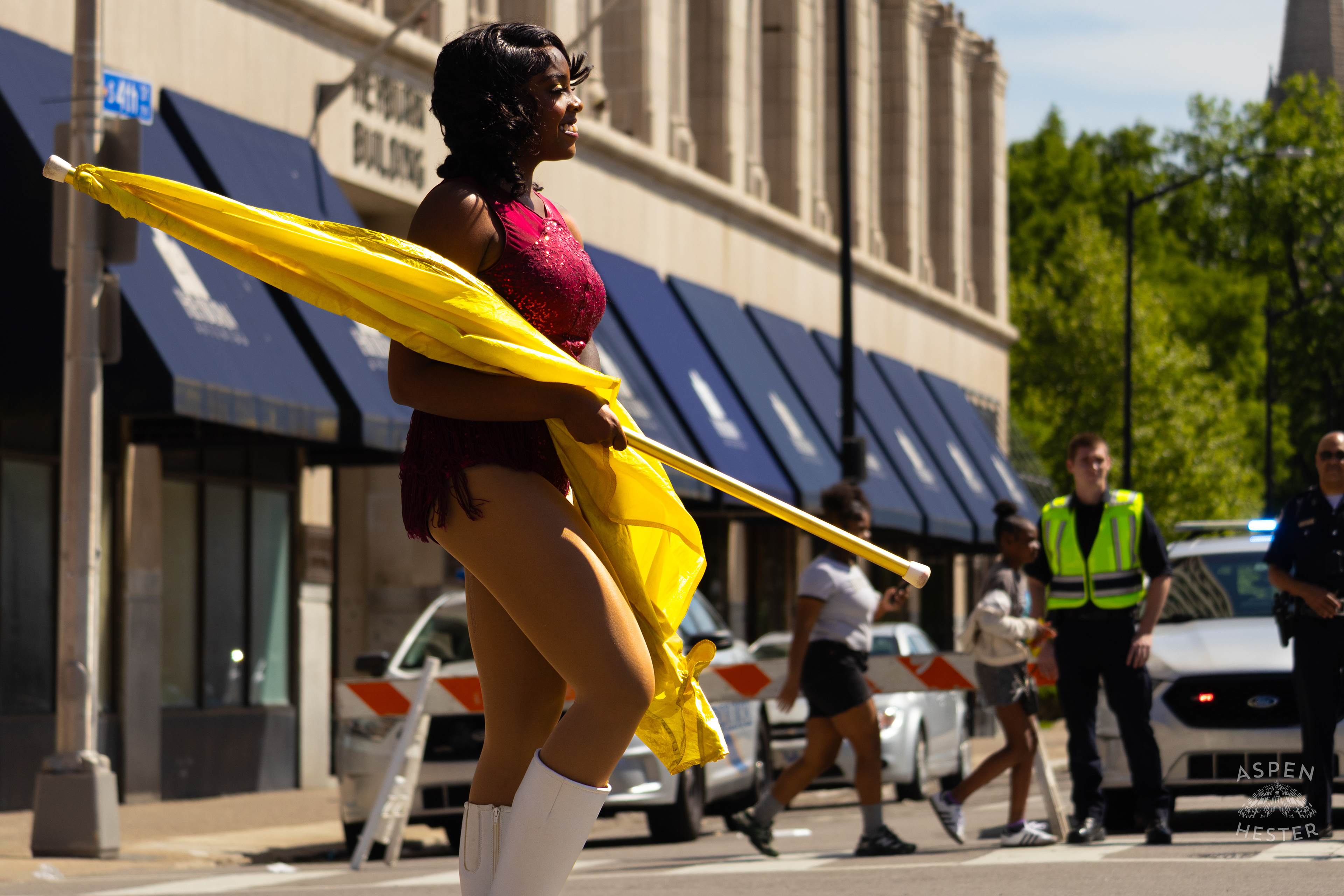 The Simmons College Marching Band Color Guard Dances Their Way Down West Broadway for The 70th Annual Pegasus Parade. April 27th, 2025/Aspen Hester