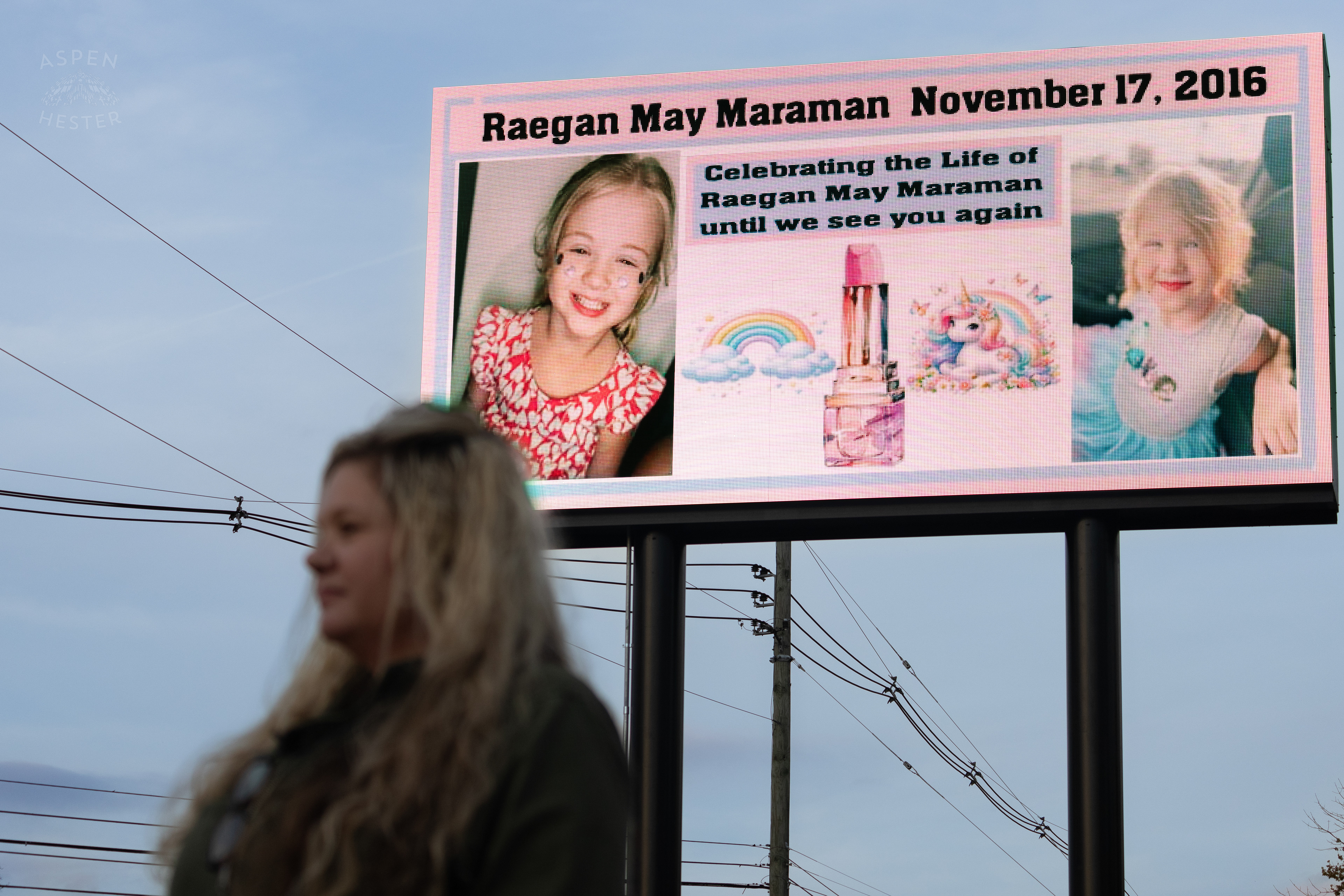 Tina Swann Standing In Front of The Billboard She Pays for and Designs in Remembrance Every Year on Her Granddaughter Raegan Maramans Birthday so That The Community of Lebanon Junction Never Forgets Her Tragic House Fire Death. November 17th, 2024/Aspen Hester