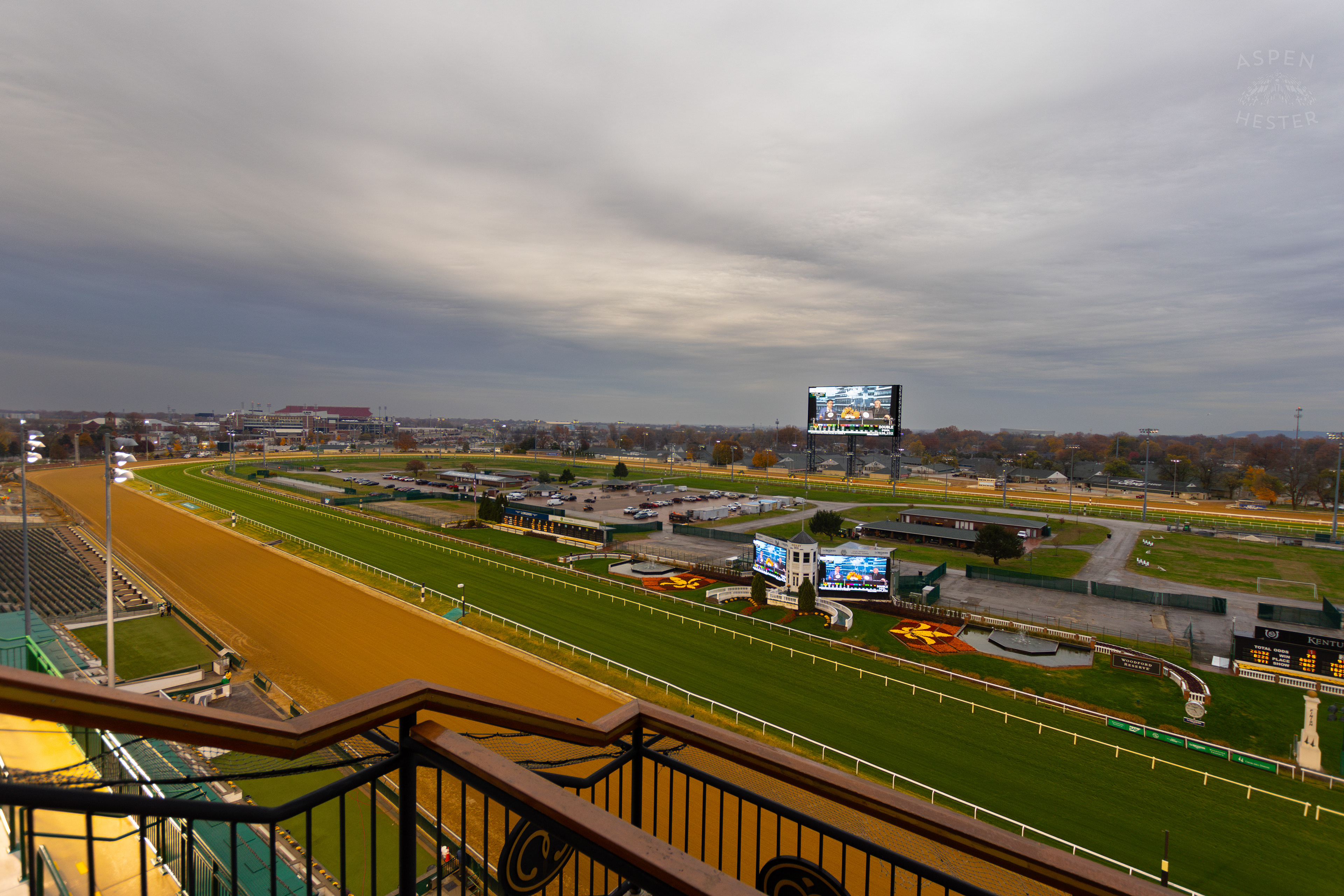 The Track Seen From The 6th Floor Mansion Balcony On The Day Bob Baffert Returned to Churchill Downs After A 3 Year Suspension. November 27th, 2024/Aspen Hester