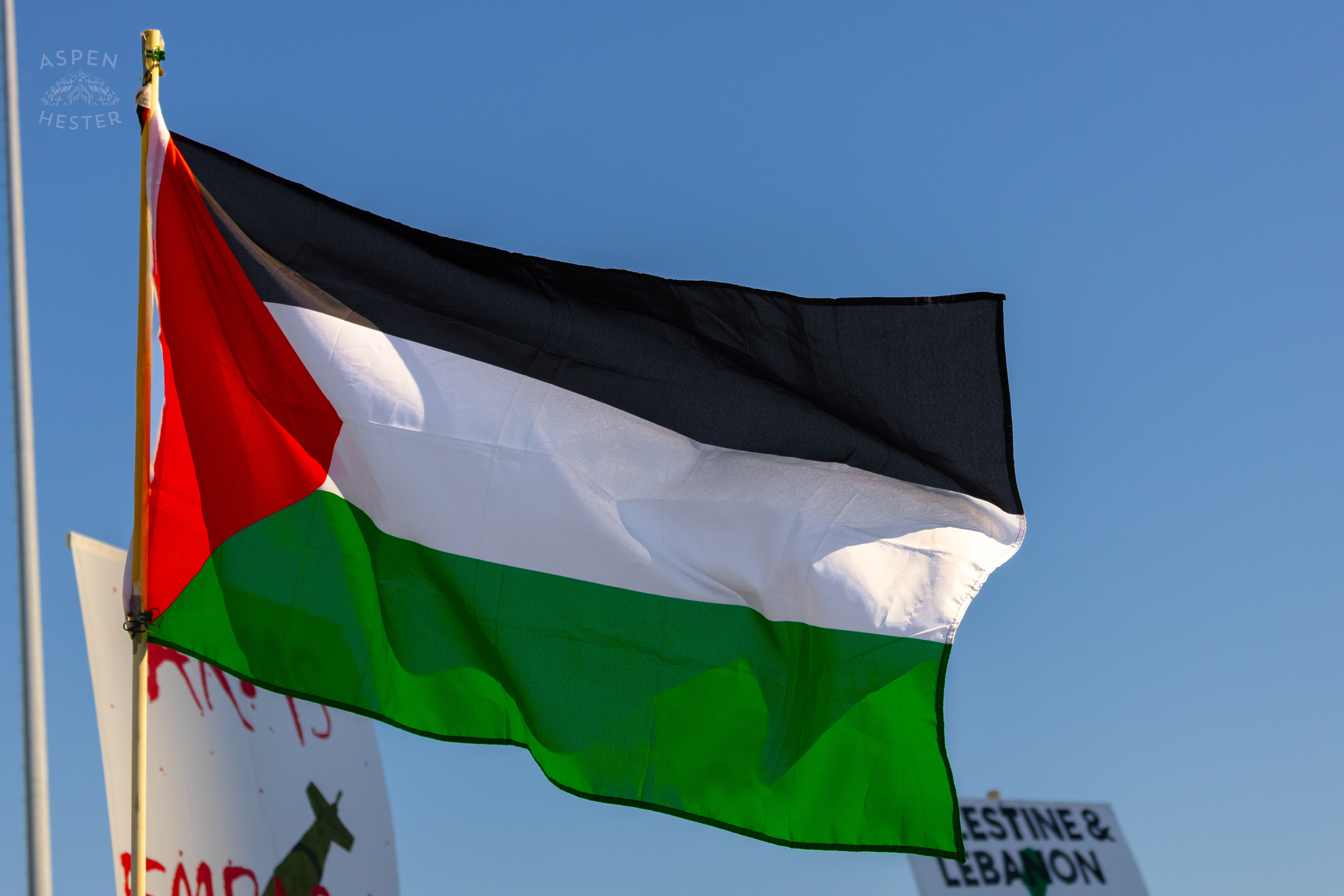 Palestinian Flag Flies During Lousiville’s One Year of Gaza Genocide Rally. October 5th, 2024/Aspen Hester 