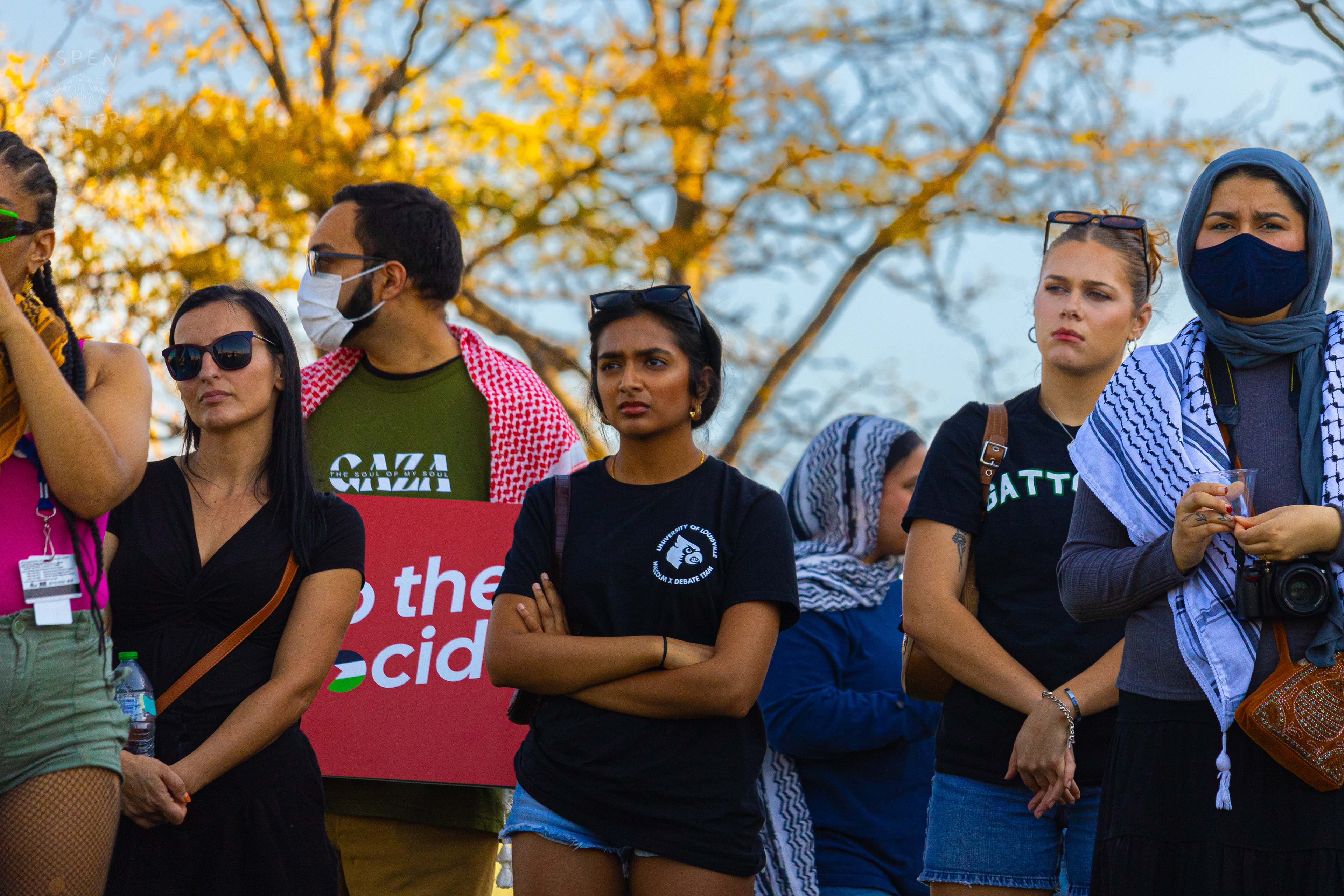 Protesters Standing Strong and Demanding Divestment and Peace During Lousiville’s One Year of Gaza Genocide Rally. October 5th, 2024/Aspen Hester 