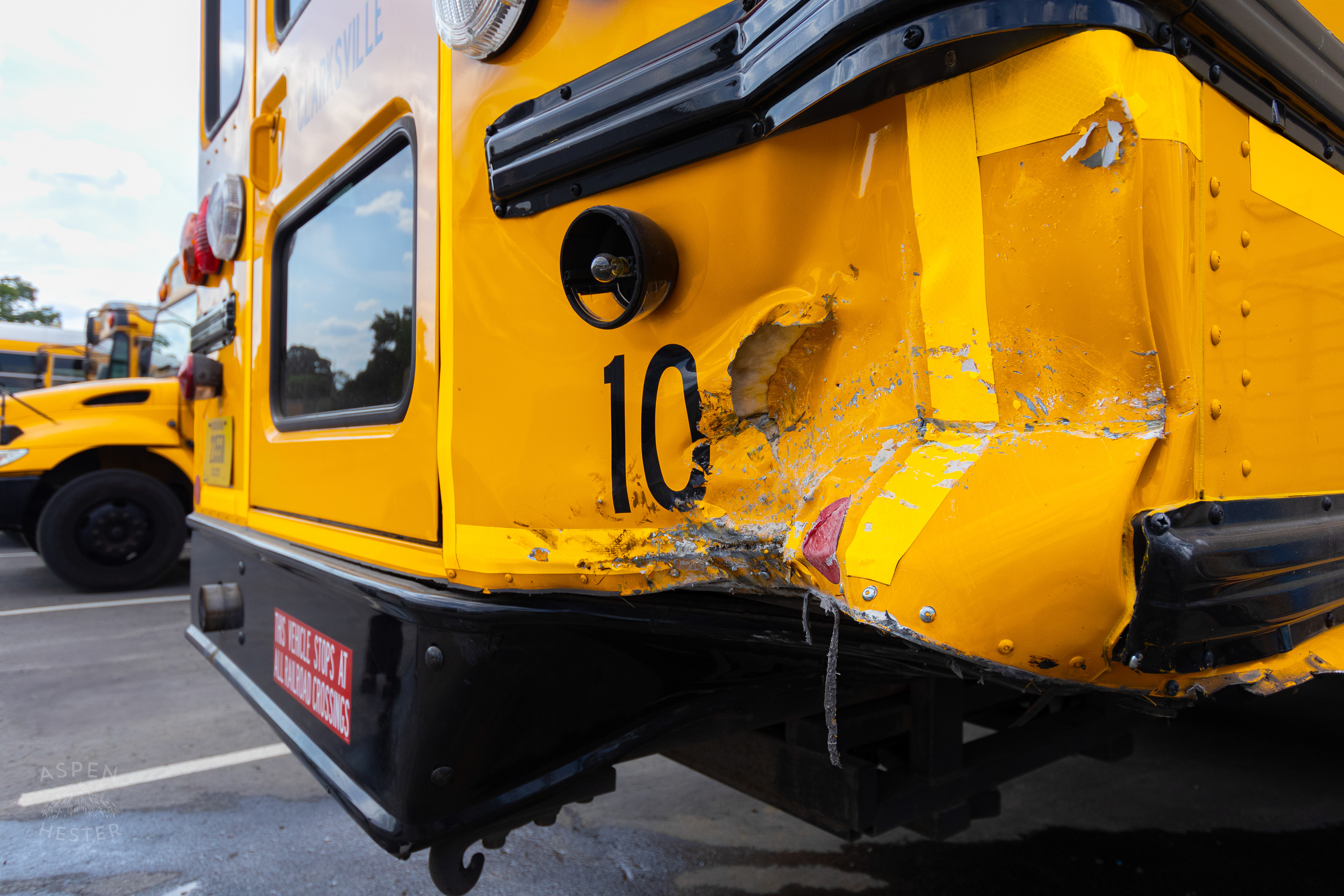 The Damage Done to A Clarksville Community School Cooperation Bus After A Dodge Charger Crashed into it at Full Speed. August 14th, 2024/Aspen Hester