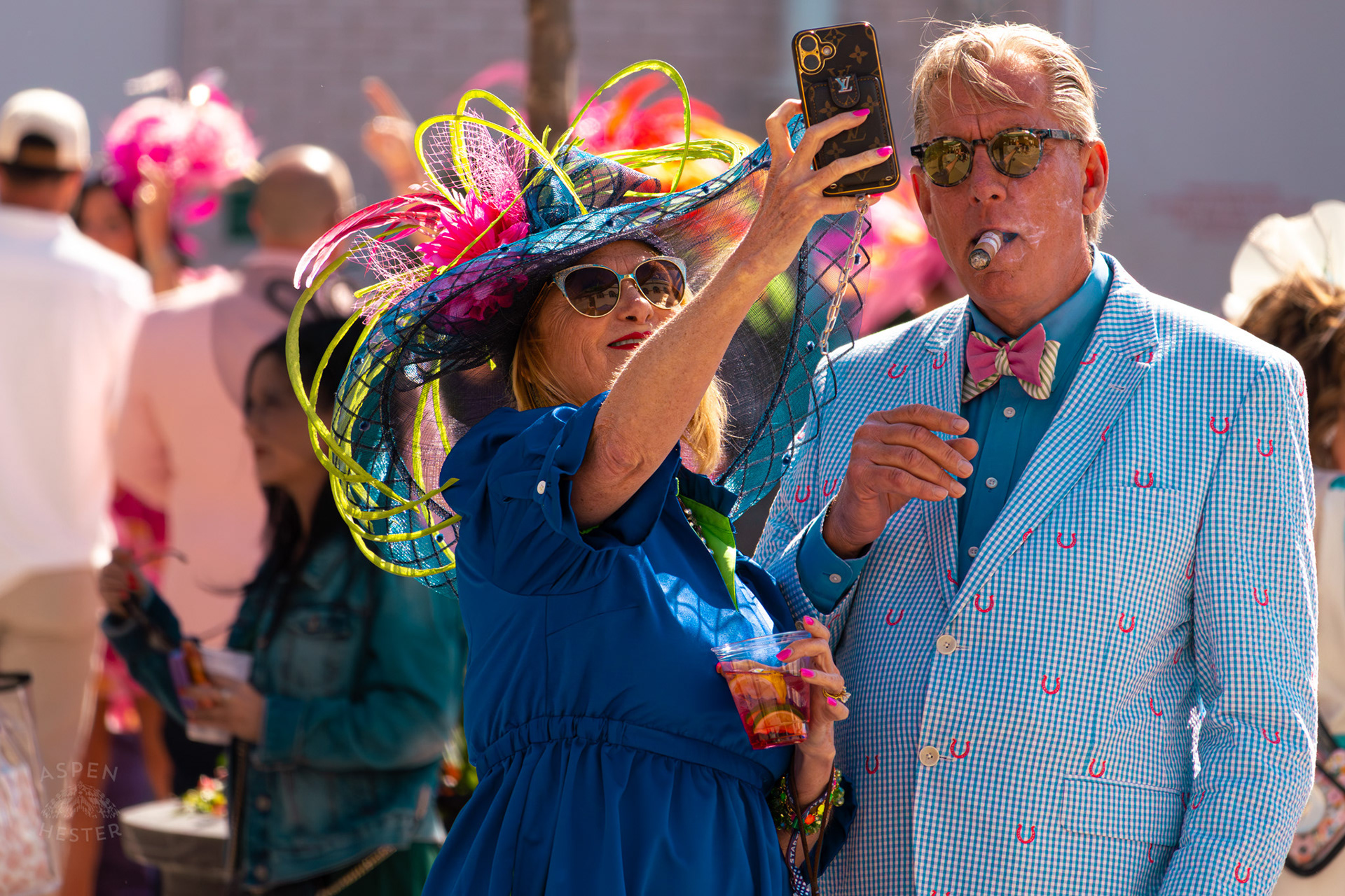A Fashionable Couple Pose for A Selfie Near The Churchill Downs Grand Stands During Thurby. April 30th, 2026/Aspen Hester