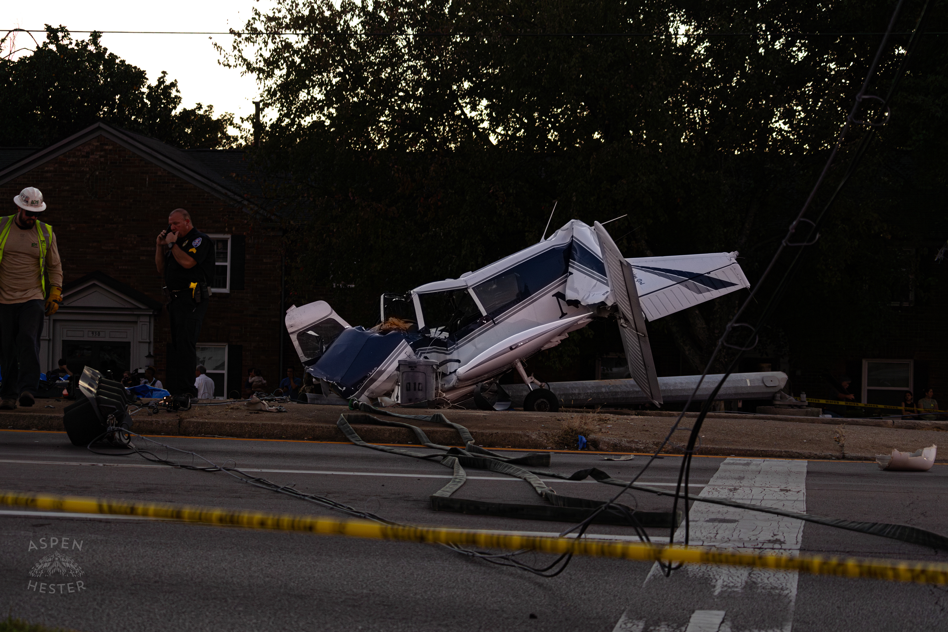 The Piper Cherokee Plane Crumpled after it Crash Landed, Taking Out Utility Poles, and Hitting A Car on Breckenridge Lane and Kresge Way. October 11th, 2024/Aspen Hester 