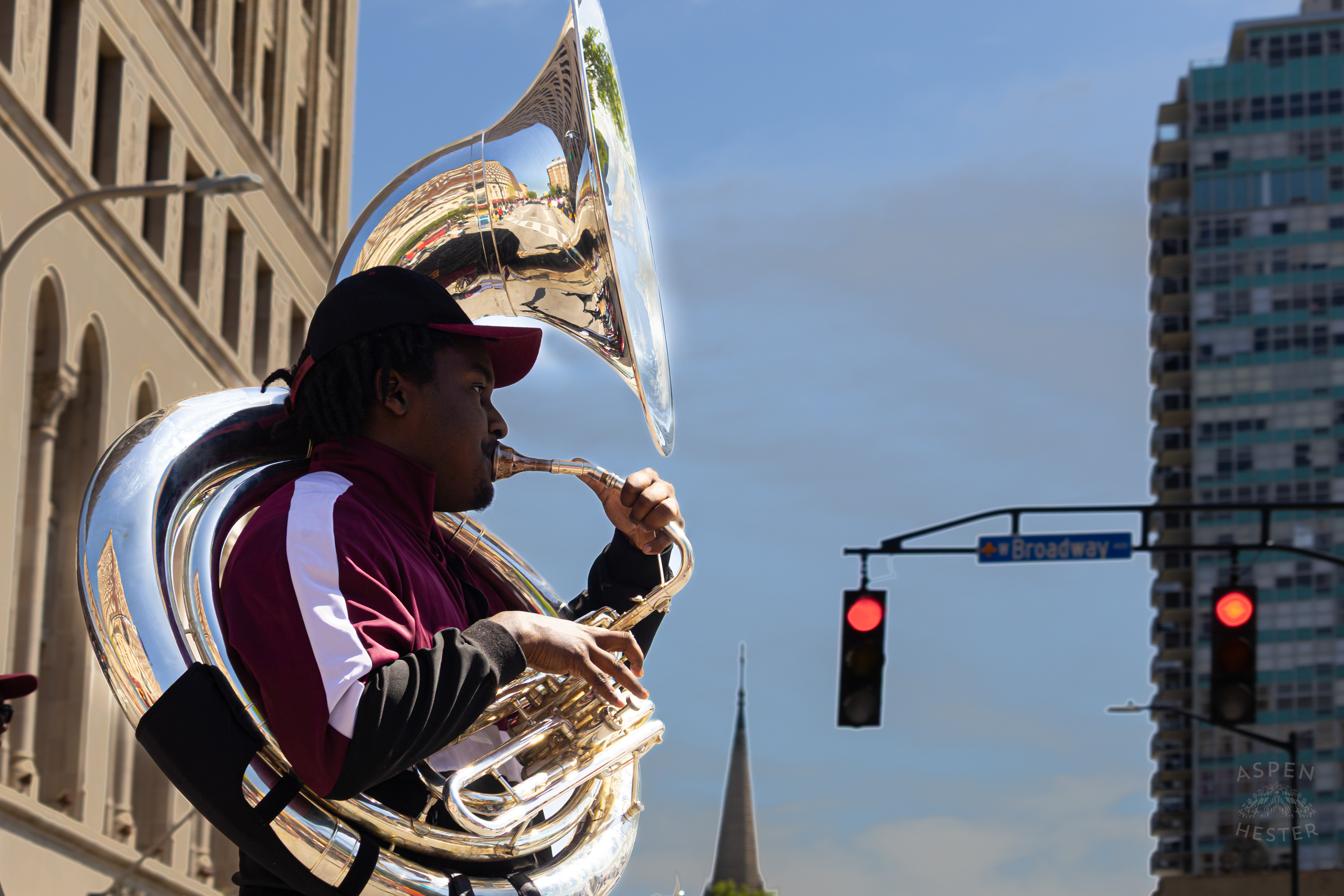 Tuba Player from The Simmons College Marching Band Plays Their Way Down West Broadway for The 70th Annual Pegasus Parade. April 27th, 2025/Aspen Hester
