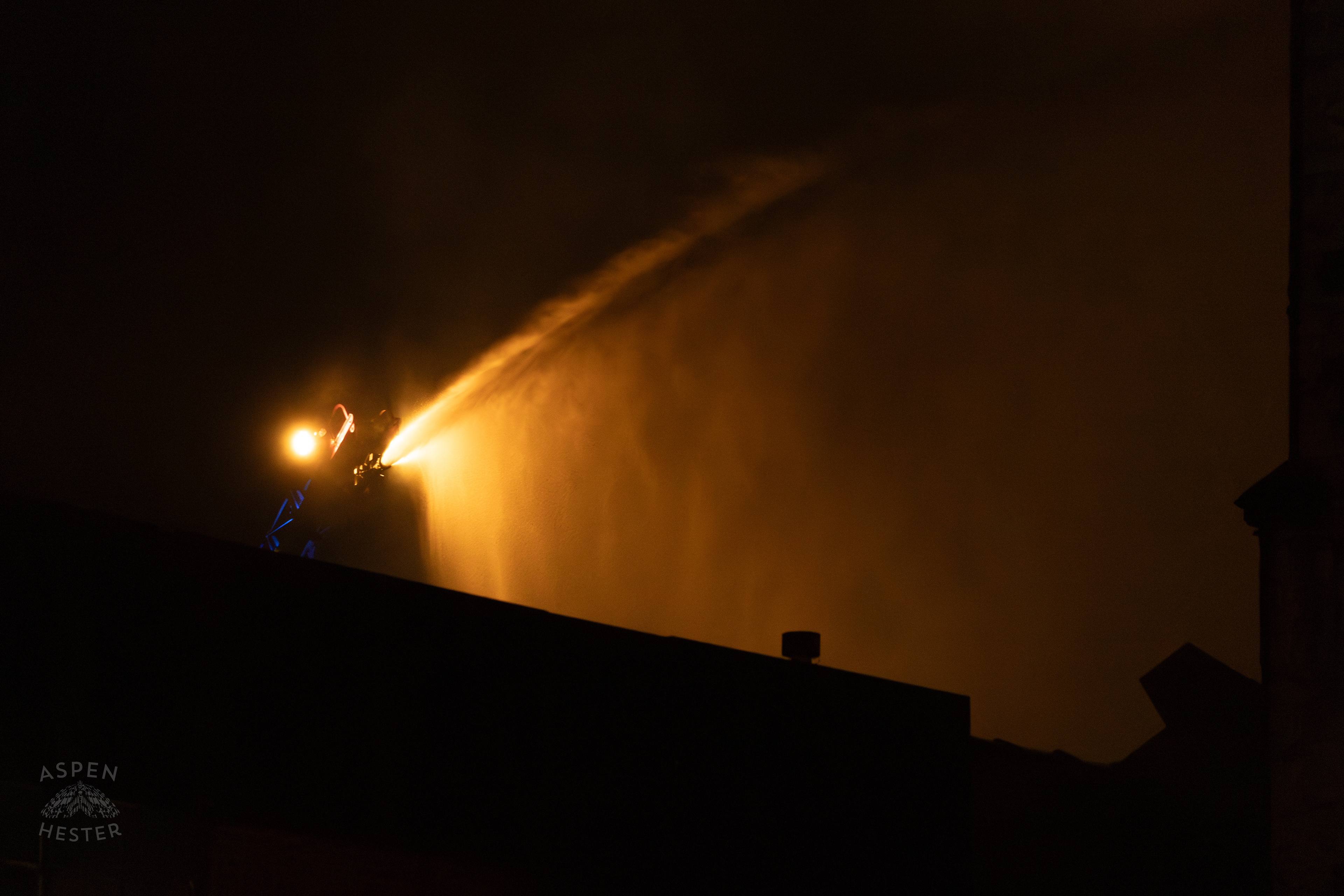 Firefighters Using an Aerial Hose to Battle the Massive 3 Alarm Blaze Engulfing The Vacant St. Paul's German Evangelical Church on East Broadway. October 9th, 2024/Aspen Hester