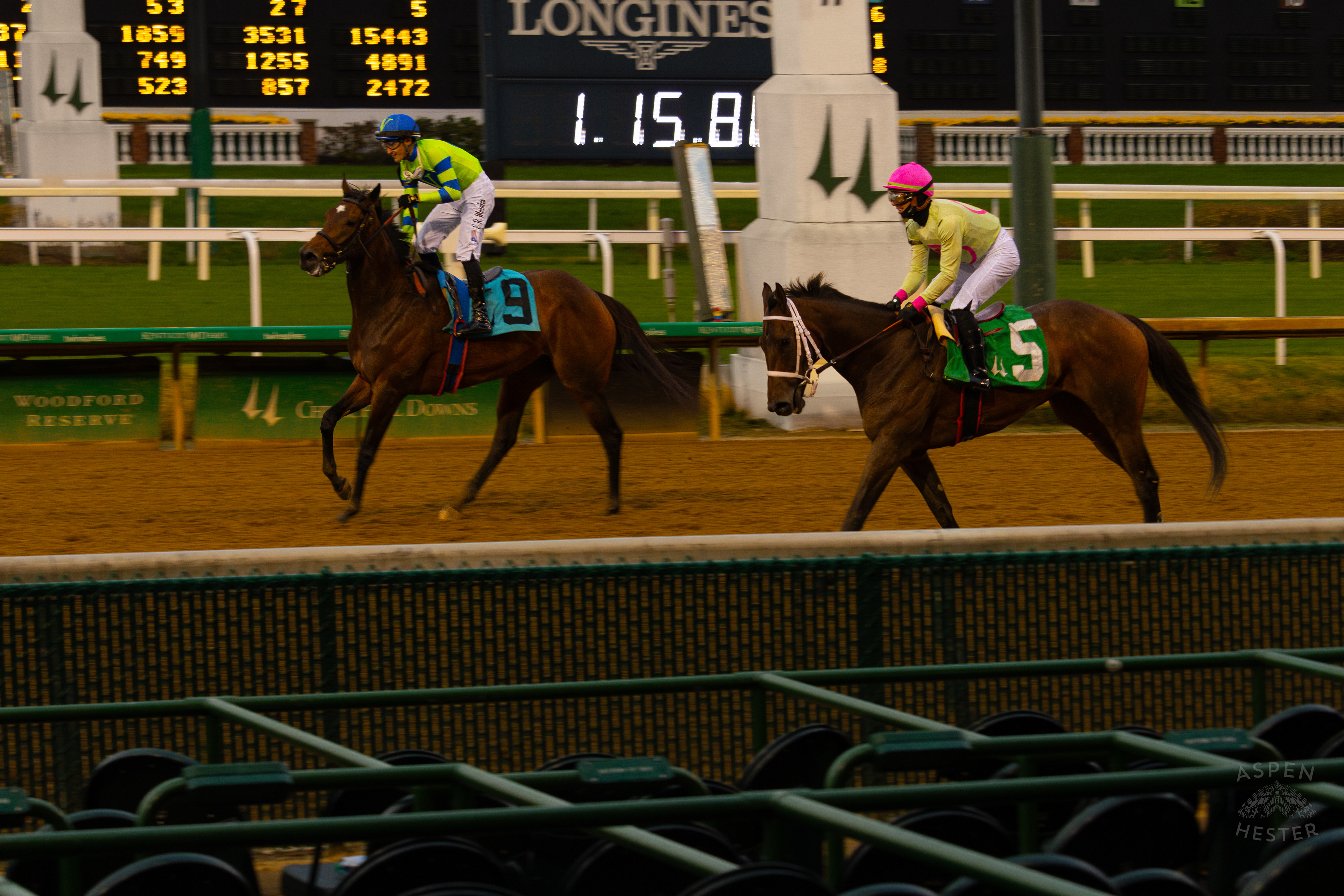 Horse #9 Sister Kisses Ridden by Jockey Edgar Morales Next to Horse #5 Play Good Pay Good Ridden by Jockey Tyler Gaffalione After Running in Race 8 On The Day Bob Baffert Returned to Churchill Downs After A 3 Year Suspension. November 27th, 2024/Aspen Hester