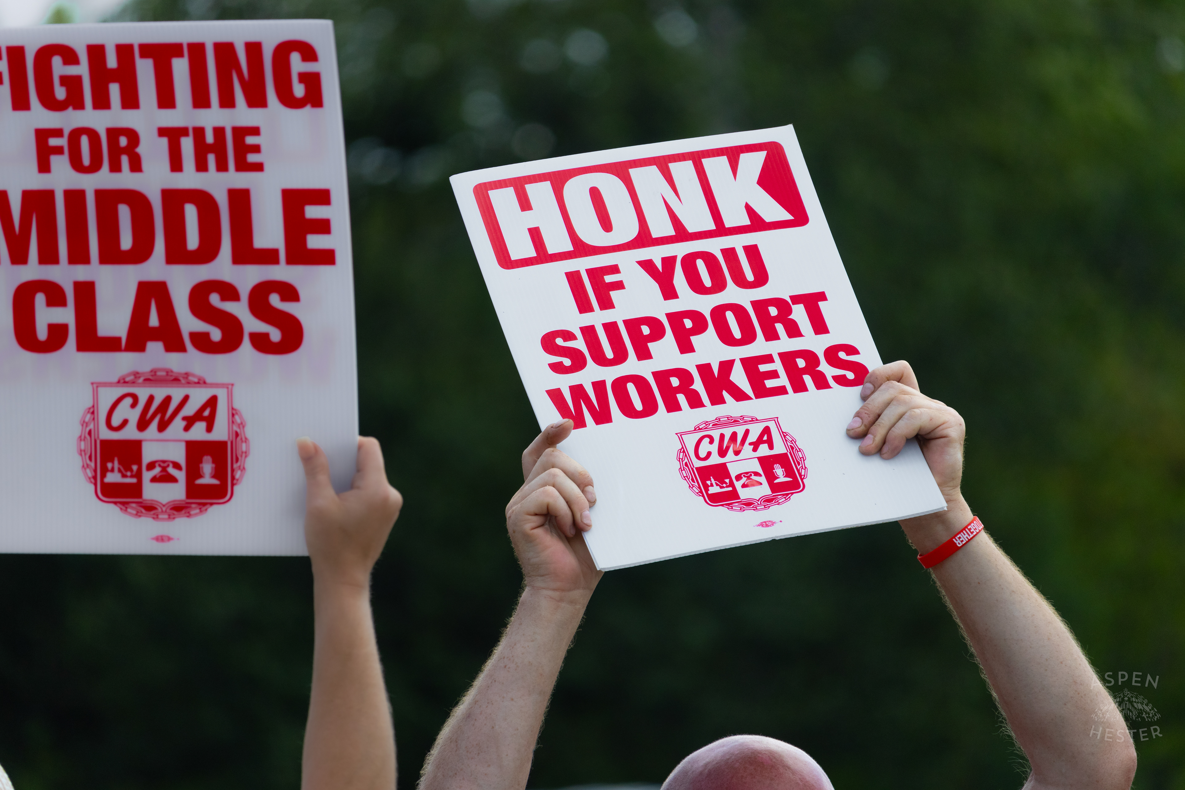 Signs Used by Members of The Communication Workers of America Union and Supporters Striking Against AT&T for Fair Pay and Benefits. August 18th, 2024/Aspen Hester