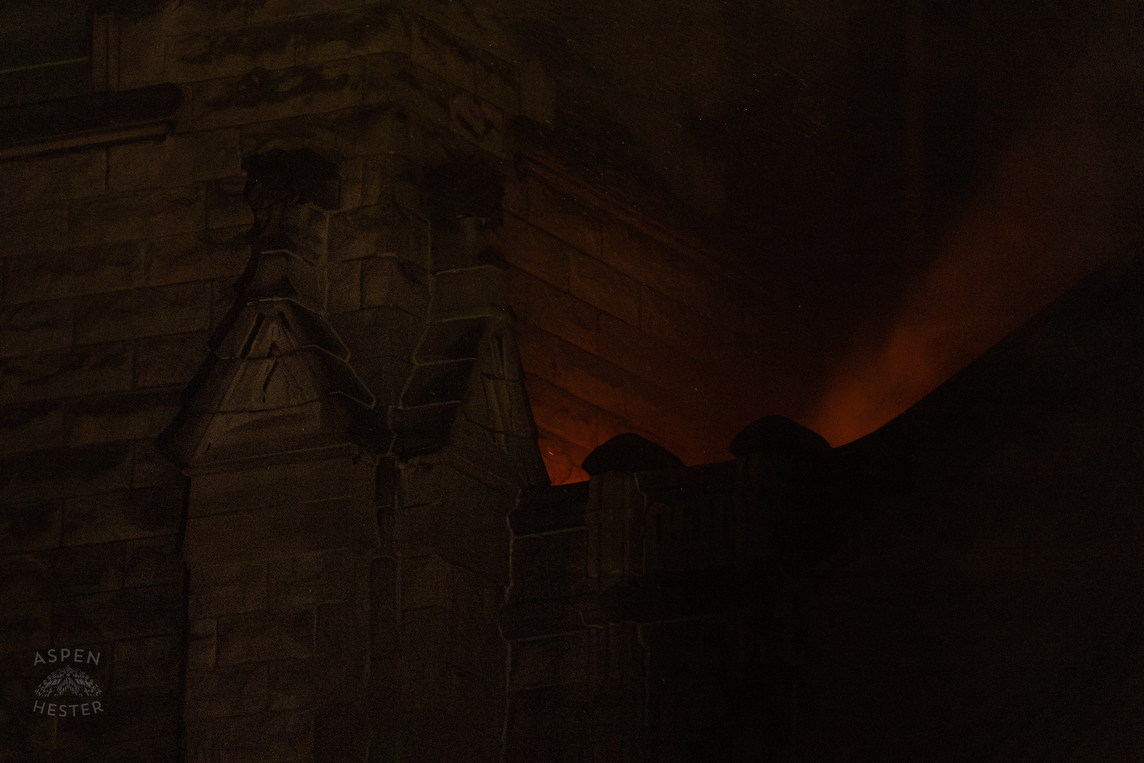 Flames and Embers Peaking Over The Roof of The Vacant St. Paul's German Evangelical Church as a Massive 3 Alarm Blaze Engulfs it on East Broadway. October 9th, 2024/Aspen Hester