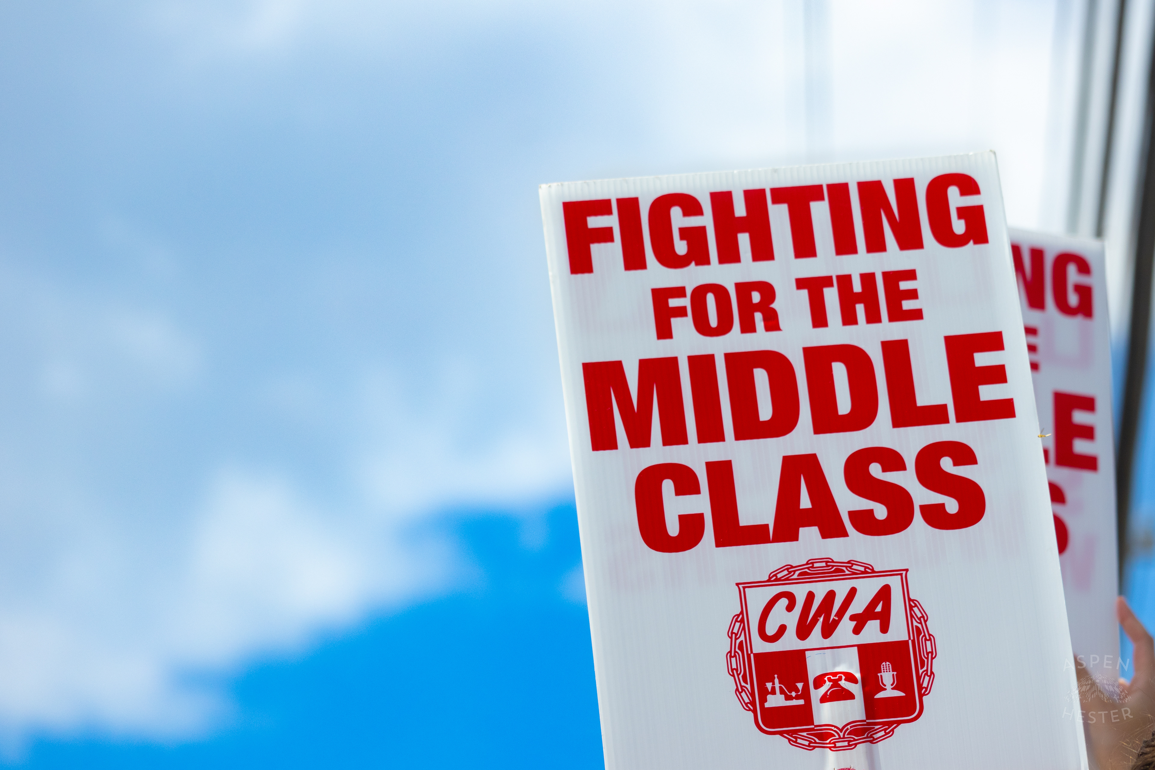 "FIGHTING FOR THE MIDDLE CLASS" Sign Used by A Member of The Communication Workers of America Union Striking Against AT&T for Fair Pay and Benefits. August 18th, 2024/Aspen Hester