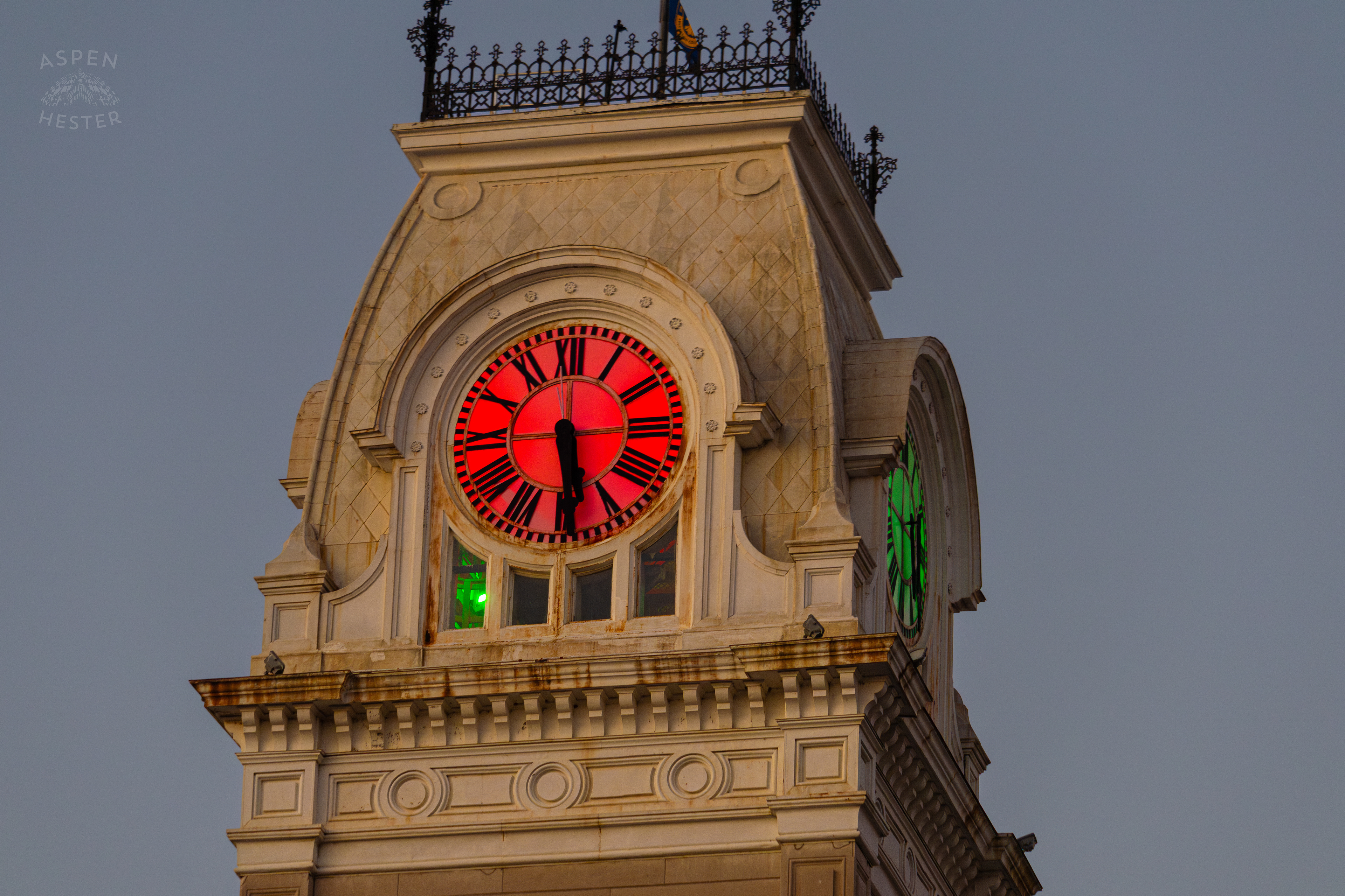 City Hall’s Clock Tower Lit Up in Red and Green for The Light Up Louisville 2024 Festivities. December 7th, 2024/Aspen Hester