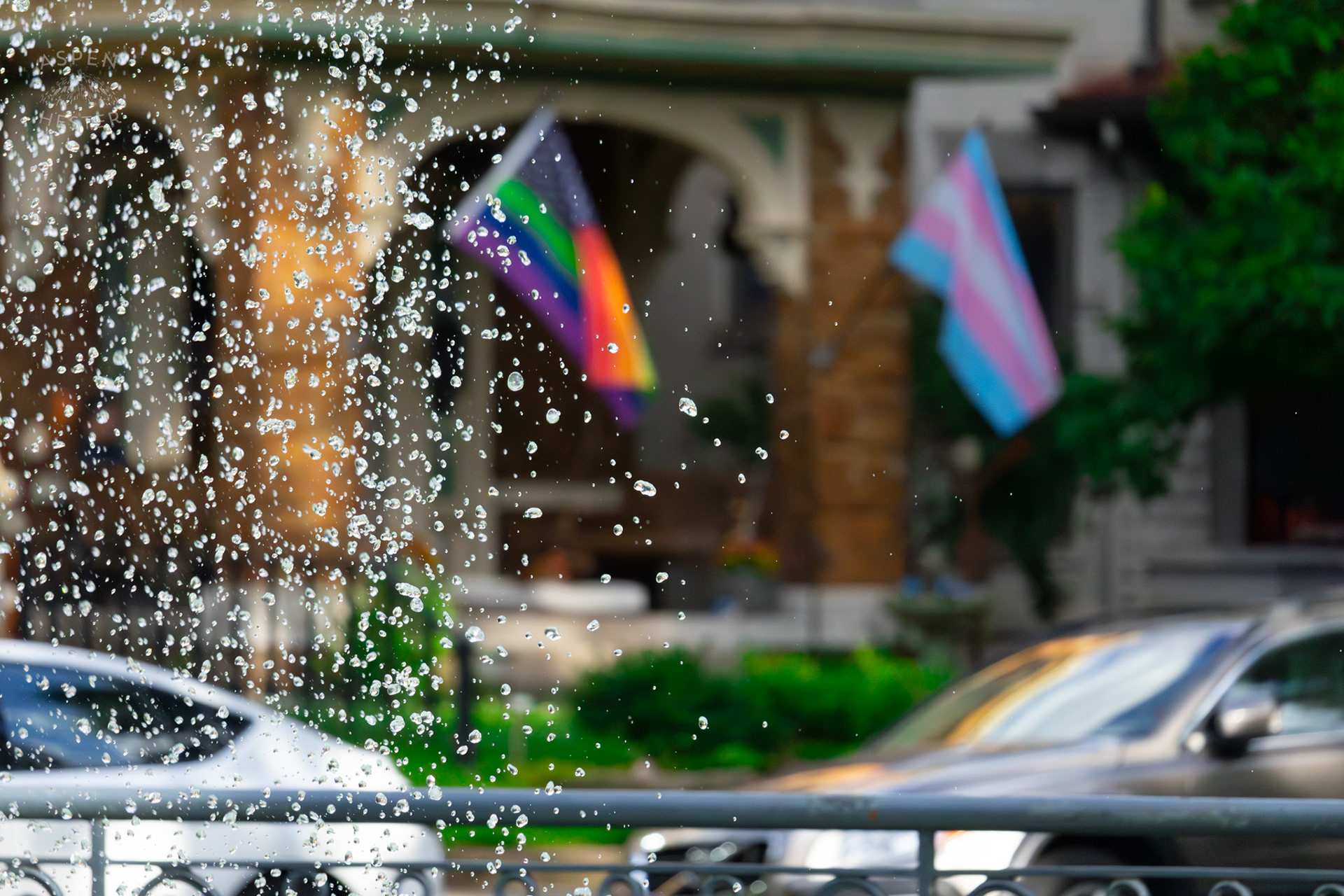 Gay and Trans Pride Flags Flying in Saint James Court. June 6th, 2024/Aspen Hester