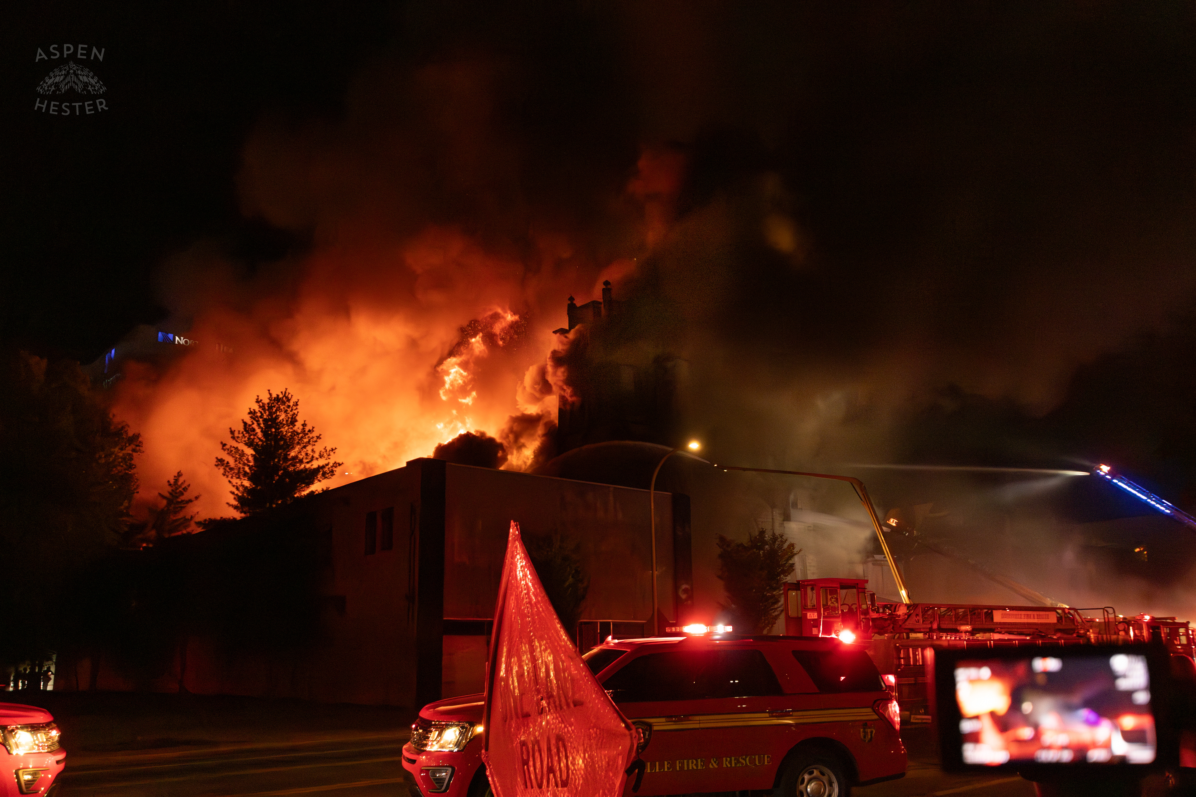 Large Flames Pouring Out of The Vacant St. Paul's German Evangelical Church Battled by Firefighting Ariels as a Massive 3 Alarm Blaze Engulfs it on East Broadway. October 9th, 2024/Aspen Hester
