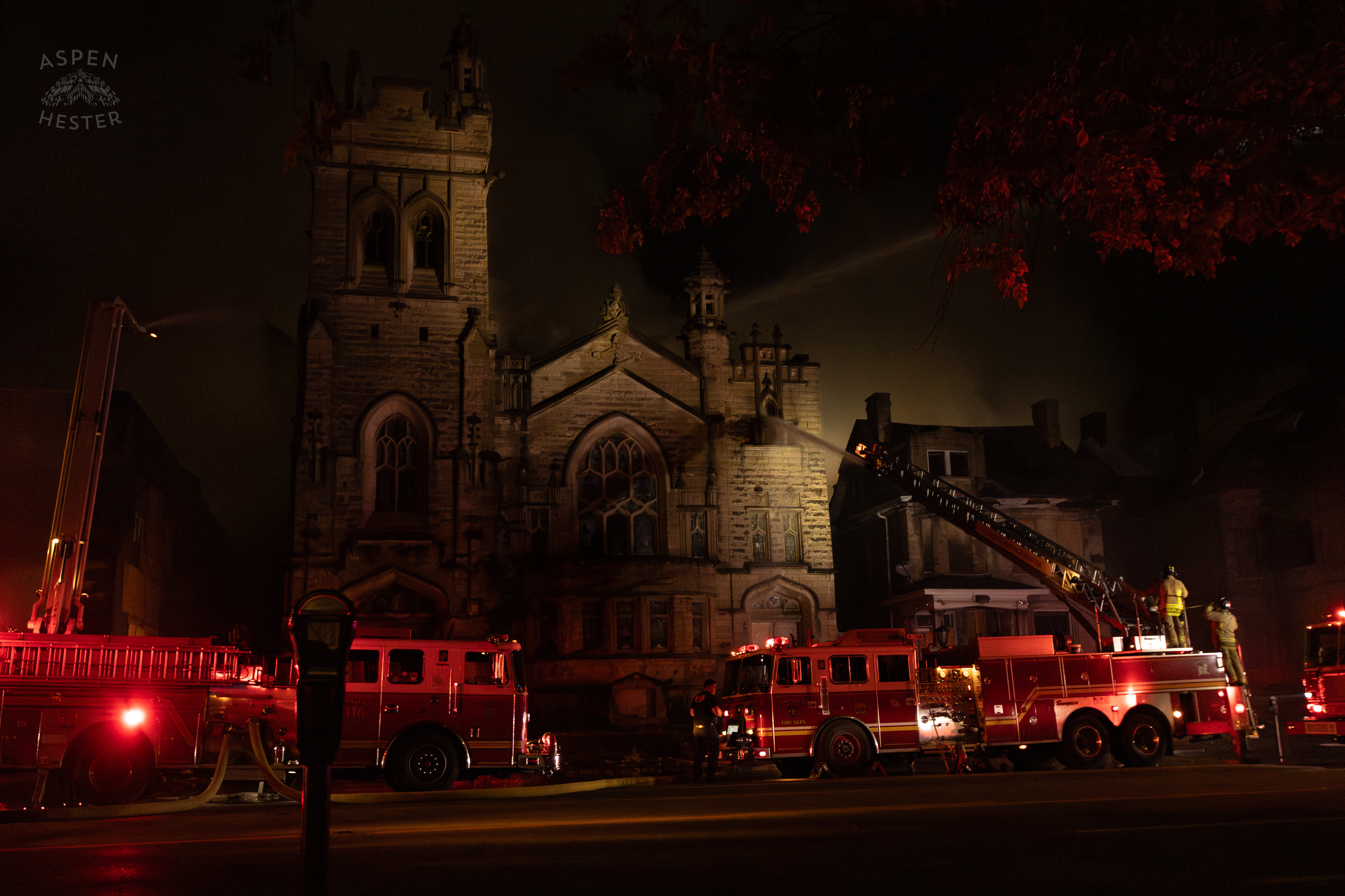 The Scene of a Massive 3 Alarm Blaze Engulfing The Vacant St. Paul's German Evangelical Church on East Broadway. October 9th, 2024/Aspen Hester